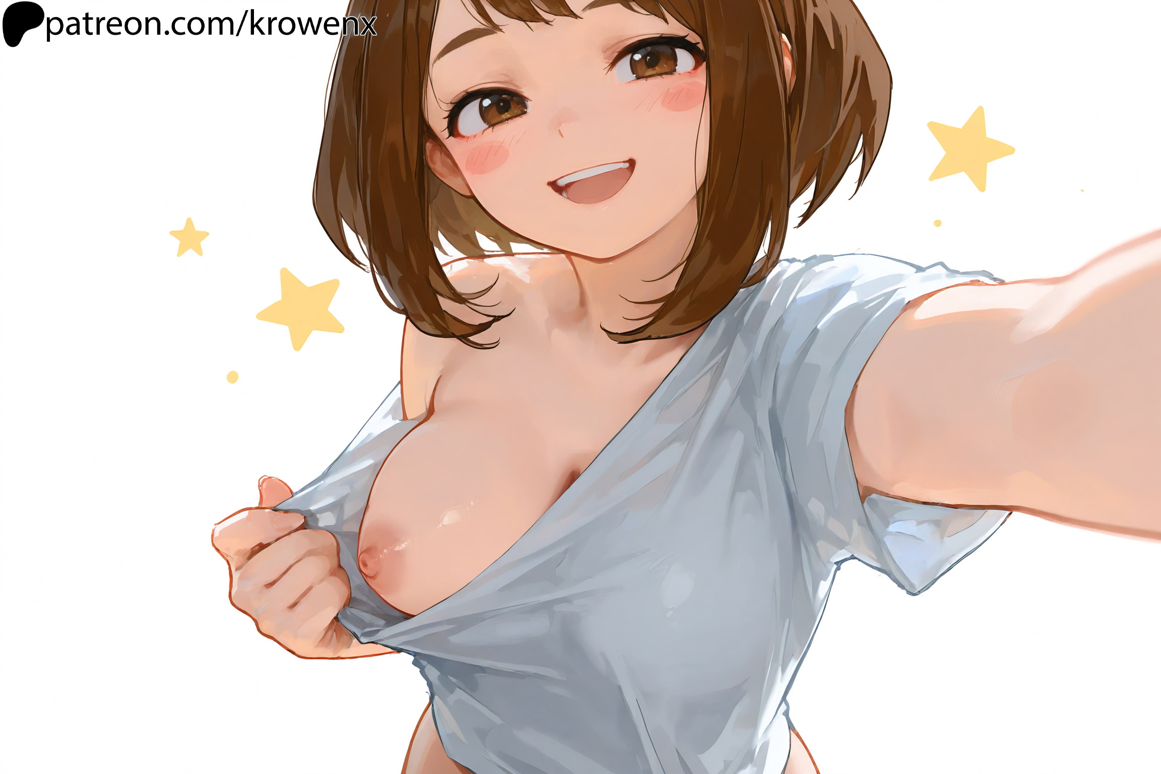 1girls, ai generated, areola, big breasts, blush stickers, breasts, brown eyes, brown hair, female, female focus, female only, flashing, krowenx, looking at viewer, my hero academia, nipples, no bra, ochako uraraka, open mouth, presenting, selfie, shirt, smile, smiling, smiling at viewer, solo, solo female, solo focus, standing