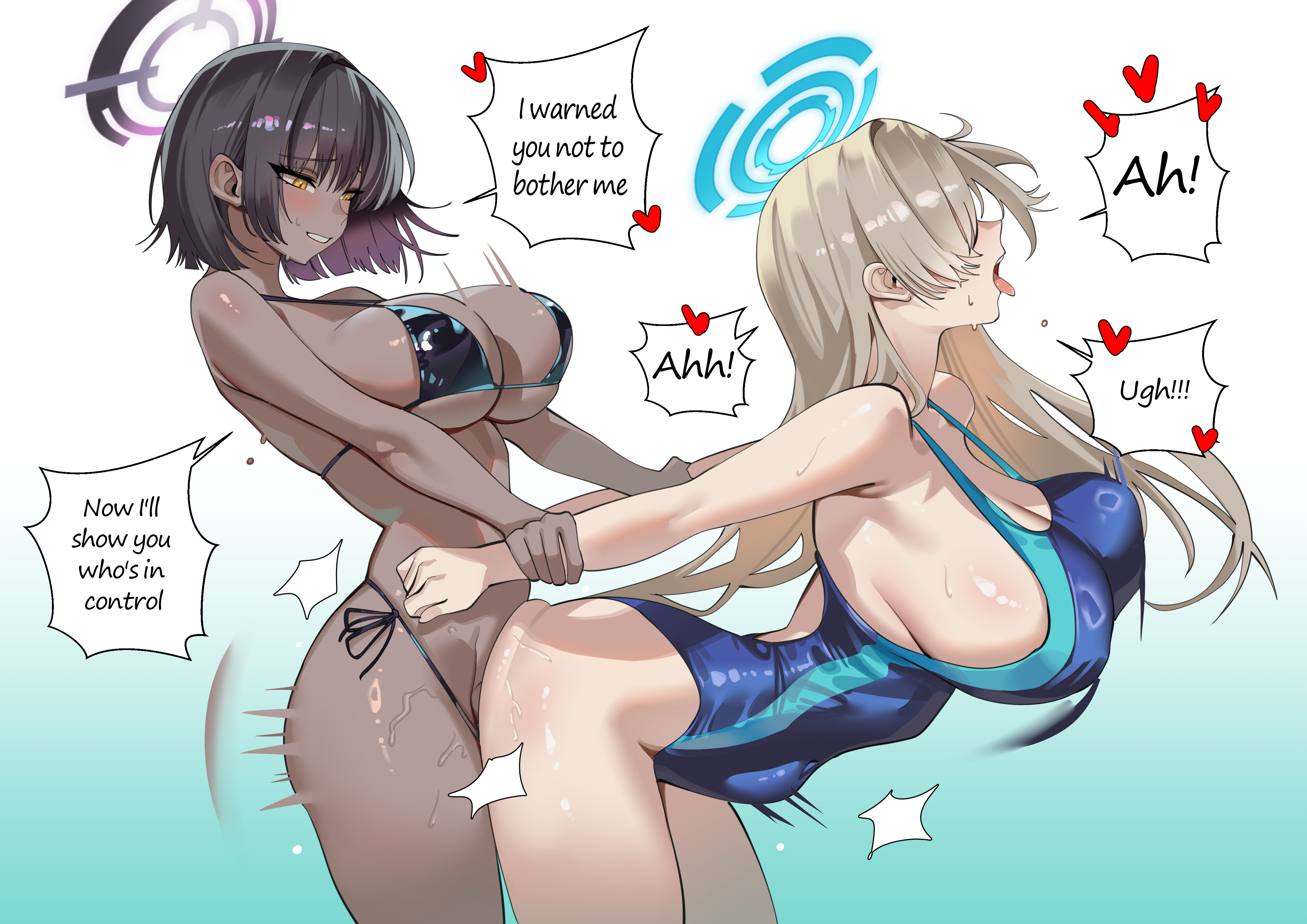 1futa, 1girls, ahegao, arm grab, asuna (blue archive), big breasts, bikini, black hair, black halo, blonde hair, blue archive, blue halo, breasts, clothed, clothing, dark-skinned futa, dialogue, english, english text, female, female penetrated, from behind, fucked from behind, futa on female, futa with female, futanari, hourglass figure, inside, karin (blue archive), large breasts, light-skinned female, movement lines, penetration, prison guard position, sex, sex from behind, slim waist, speech bubble, standing sex, swimsuit, vaginal penetration, vaginal sex, wide hips, wujack