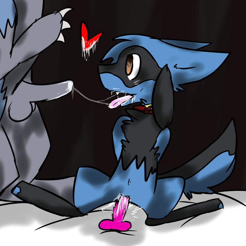 1boy 1girls canine cranidos cum dildo fellatio flat_chest furry heart heart-shaped_pupils larger_male messy navel nintendo open_mouth oral original_character penetration penis pokemon pokemon_dppt pussy raspzure riolu sex_toy shovonyx size_difference smaller_female source_request spread_legs spreading symbol-shaped_pupils testicles thunderback tongue toy wet