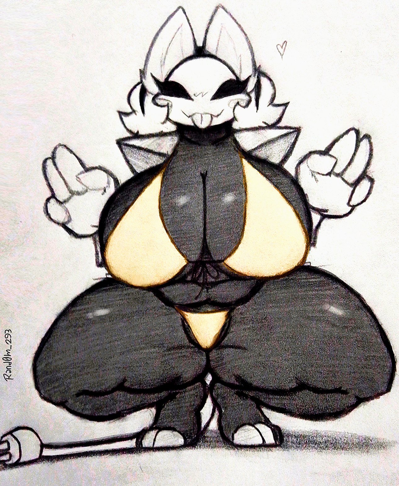 1girls, artist signature, big breasts, bikini, black body, boobs, breasts, cat ears, cat tail, deltarune, eyelashes, greyscale, heart symbol, huge boobs, huge breasts, peace sign, pencil (artwork), rand0m 293, squatting, tail, tasque manager (deltarune), thighs, tongue, tongue out, traditional media (artwork)