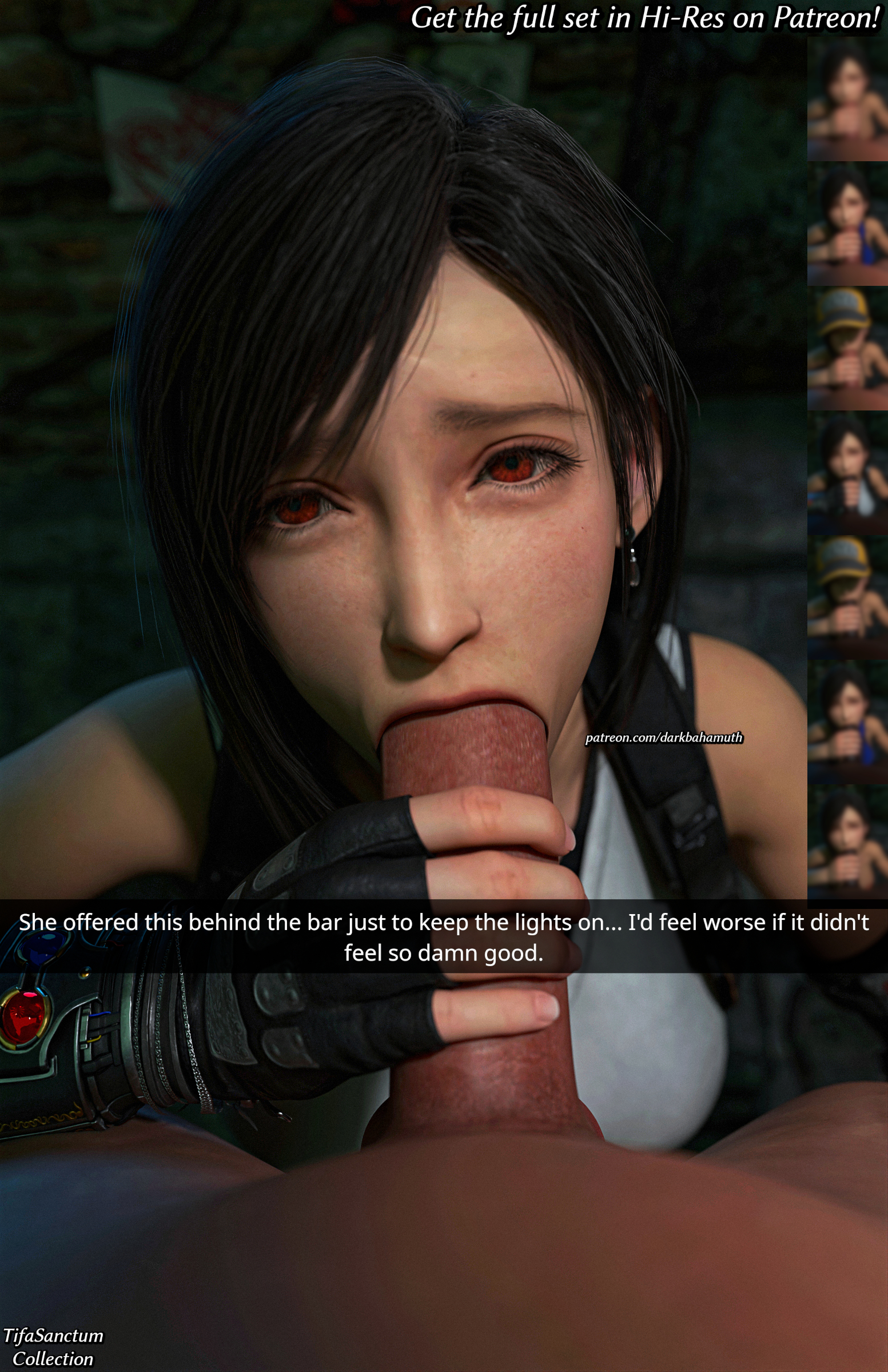 3d, 3d (artwork), blowjob, clothed, dark-skinned male, darkbahamuth, duo, fellatio, female, final fantasy, final fantasy vii, male, male pov, oral, penis, pov, sucking, sucking penis, tifa lockhart