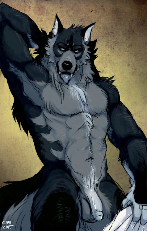 2015 canine cbh fangs grin looking_at_viewer male_only mammal muscles pecs penis pose towel wolf