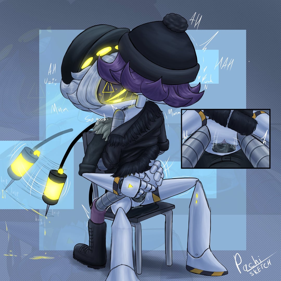1boy, 1girls, accurate art style, anal sex, grey hair, male, male/female, murder drones, n (murder drones), pachinsfw, purple eyes, purple hair, robot, robot boy, robot girl, robot sex, sex, tail, uzi (murder drones), yellow eyes