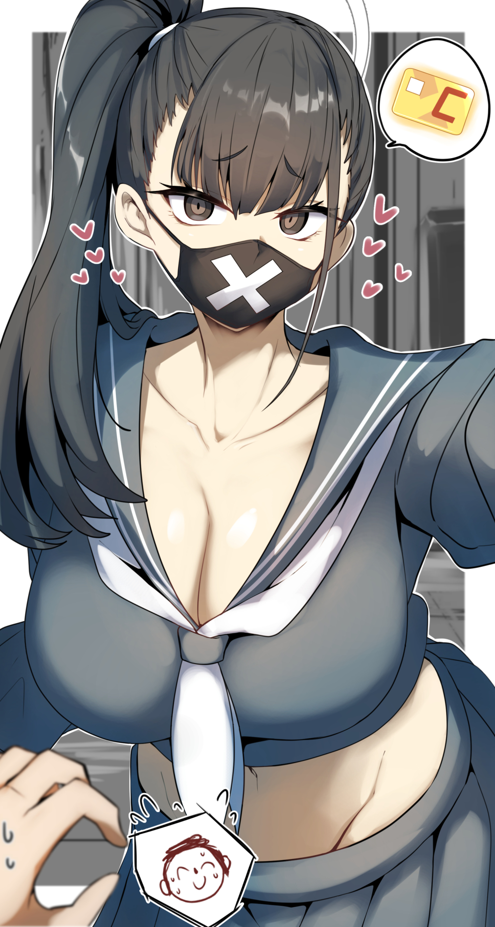1boy, 1girl, big breasts, blue archive, cleavage, delinquent, doodle sensei (blue archive), face mask, gin moku, heart, mask, midriff, money, npc, ponytail, sensei (blue archive), sukeban (smg) (blue archive), video game character