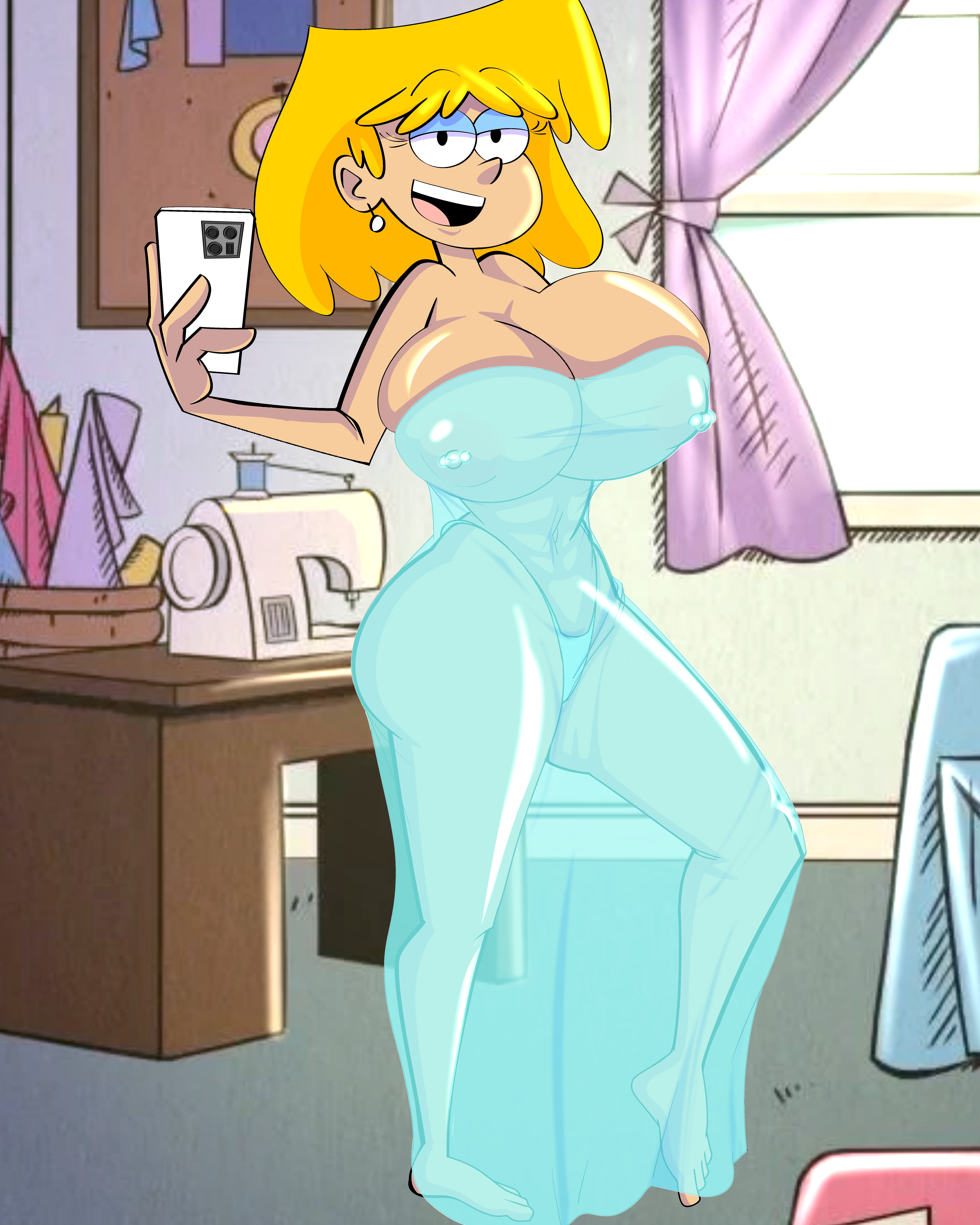 1girls, ass, banmondragon, big ass, big breasts, blue dress, breasts, female, light skin, light-skinned female, lori loud, nickelodeon, piercing, solo, solo female, the loud house, yellow hair