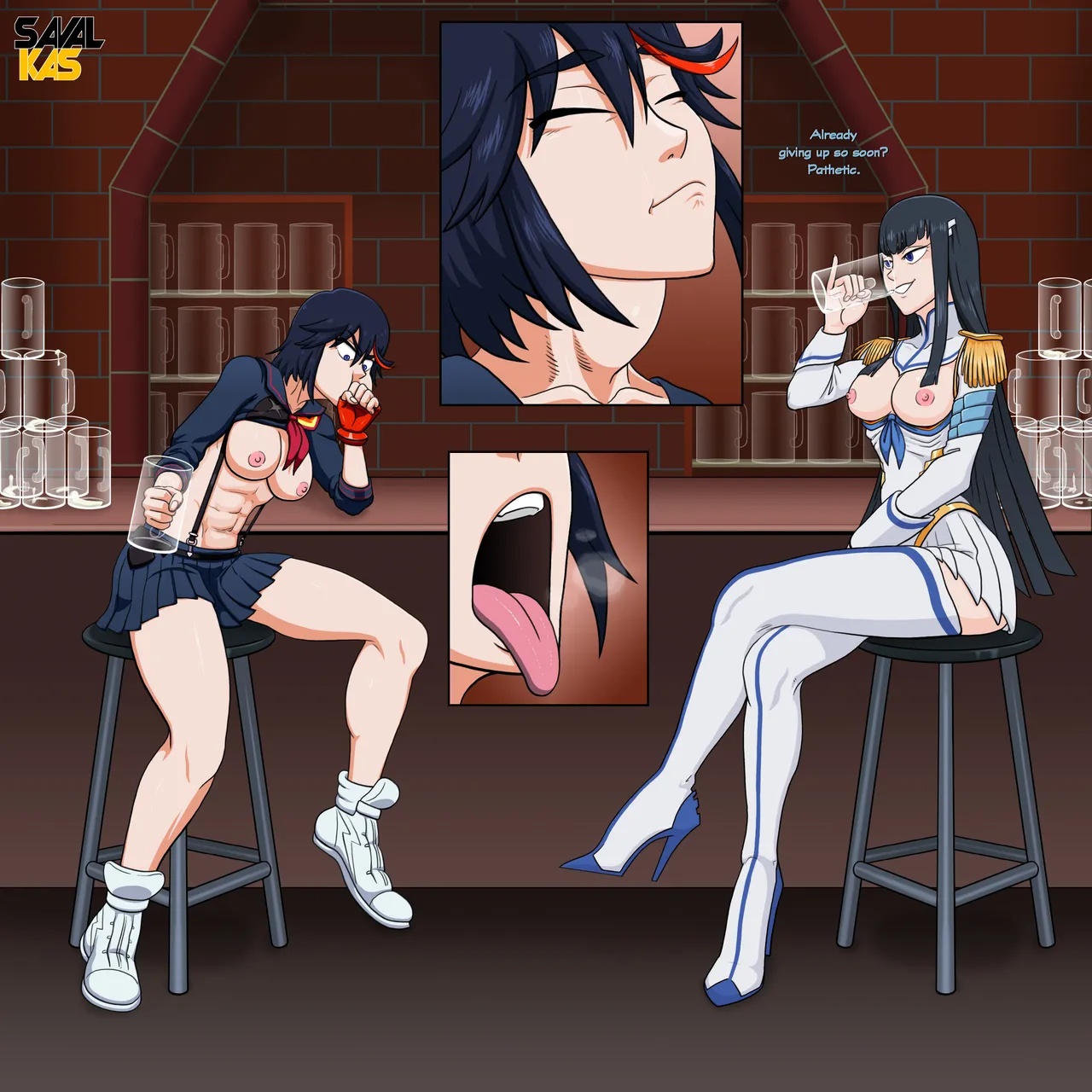 ass, black hair, blush, breasts, bulge, bulged cheeks, cheek bulge, chugging, clothed female nude female, contest, creampie, cum, cum chugging, cum drinking, cum drinking contest, cum dripping, cum in bowl, cum in container, cum in mouth, drinking, drinking cum, drinking glass, drowning in cum, erect nipples, female, femdom, femsub, filled, filled cheeks, force feeding, forced, forced cum eating, glass, glass of cum, gokkun, huge ass, huge ass (female), jizz, kill la kill, kiryuuin satsuki, large breasts, long hair, matoi ryuuko, nipples, pubic hair, puffy cheeks, pussy, pussy juice, savalkas, semen, short hair, sister, sisters, swallowing, swallowing cum, toned, toned body, toned female, yuri