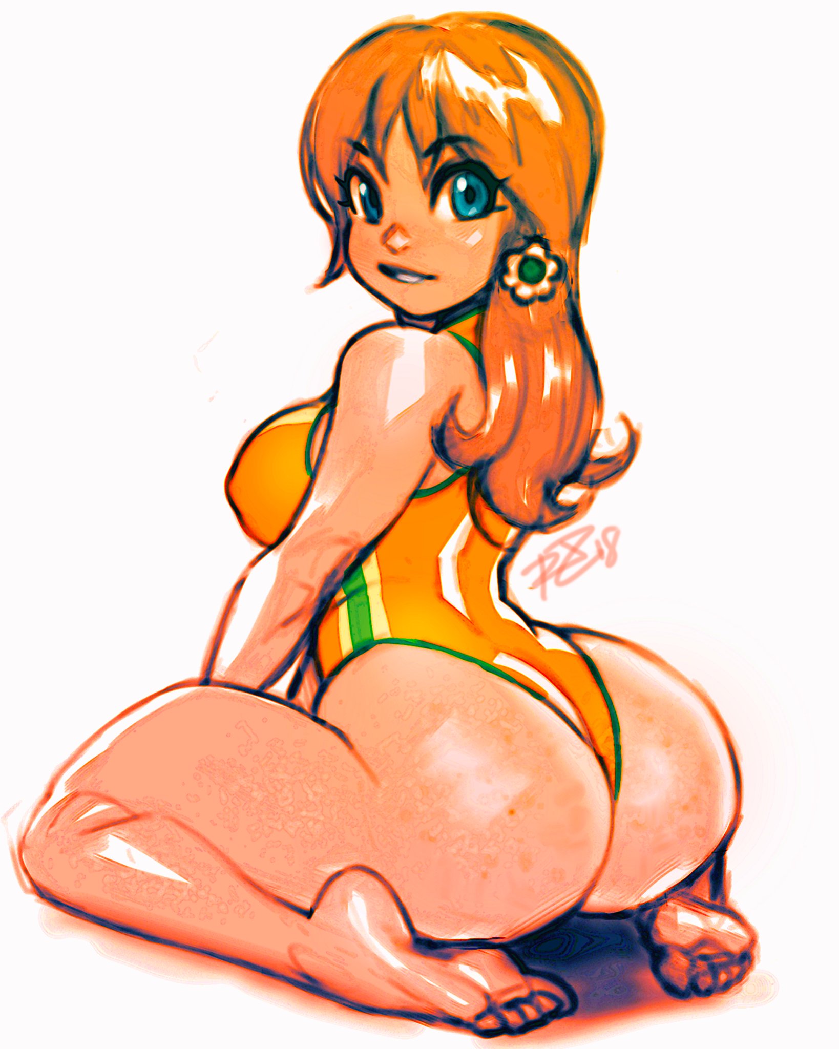 1girls, ass, barefoot, big ass, bimbo, biting lip, blue eyes, breasts, bubble ass, bubble butt, feet, female, female only, flower in hair, freckles, freckles on ass, freckles on face, full body, kneeling, long hair, looking at viewer, looking back, mario (series), medium breasts, negarobo, nintendo, nipples visible through clothing, one-piece swimsuit, princess daisy, red hair, simple background, sitting, solo, swimsuit, thick thighs, thighs, wariza, white background