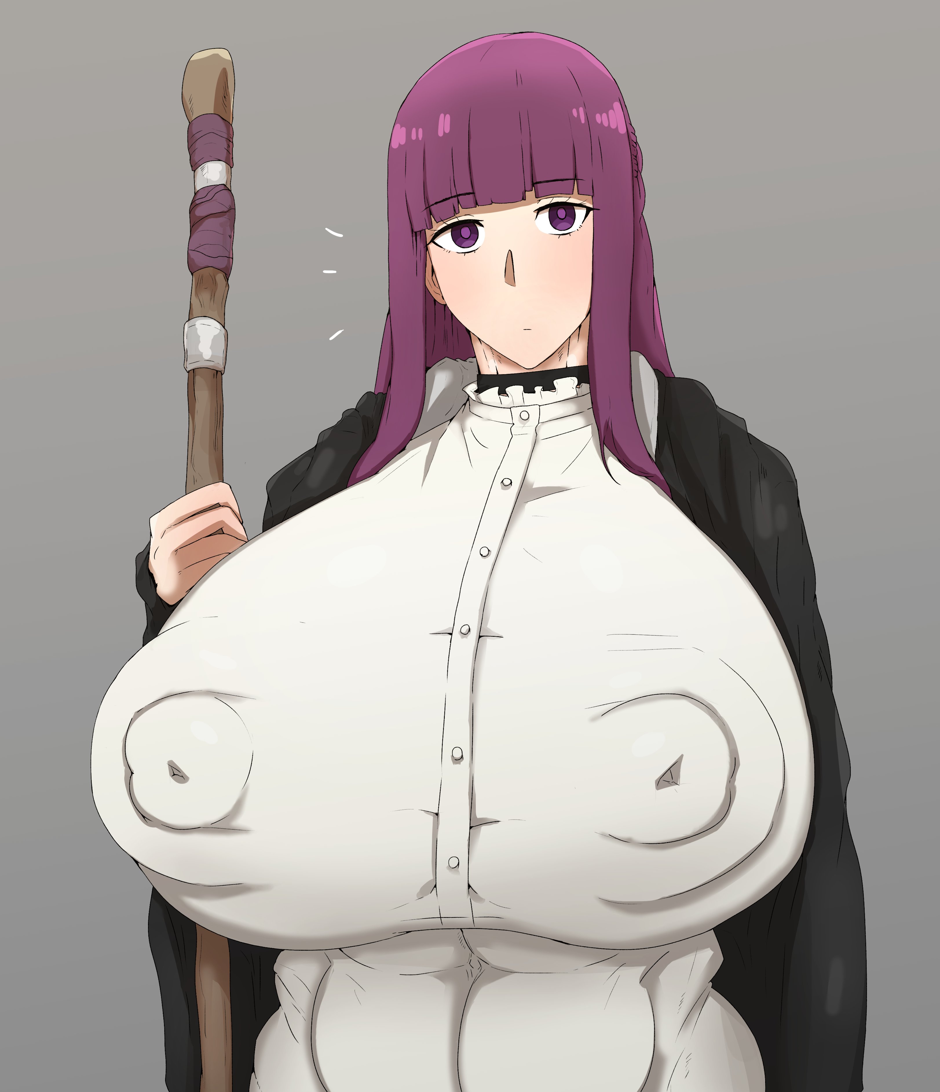 1girls, 925kyohei, areolae visible through clothing, breasts, breasts bigger than head, busty, female, female only, fern (sousou no frieren), frieren beyond journey's end, huge breasts, light skin, light-skinned female, long hair, looking at viewer, massive breasts, neutral expression, nipple bulge, nipples visible through clothing, purple eyes, purple hair, skindentation, solo, sousou no frieren, toned female