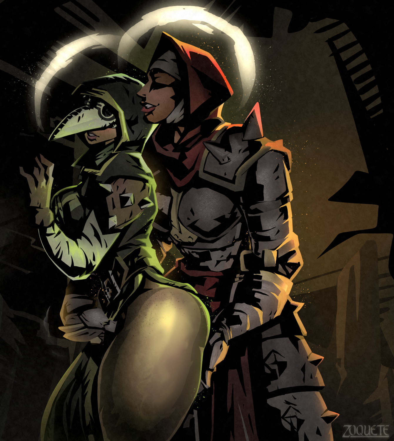 2026, 2girls, against wall, armor, bandages, bottomless, clothed female, clothed female nude female, darkest dungeon, female, female only, fingering, fingering partner, gloves, green clothing, hi res, nude female, nun, nun outfit, plague doctor, plague doctor (darkest dungeon), plague doctor mask, red clothing, side view, sideboob, spikes, stress relief, thighs, vestal (darkest dungeon), yuri, zoquete