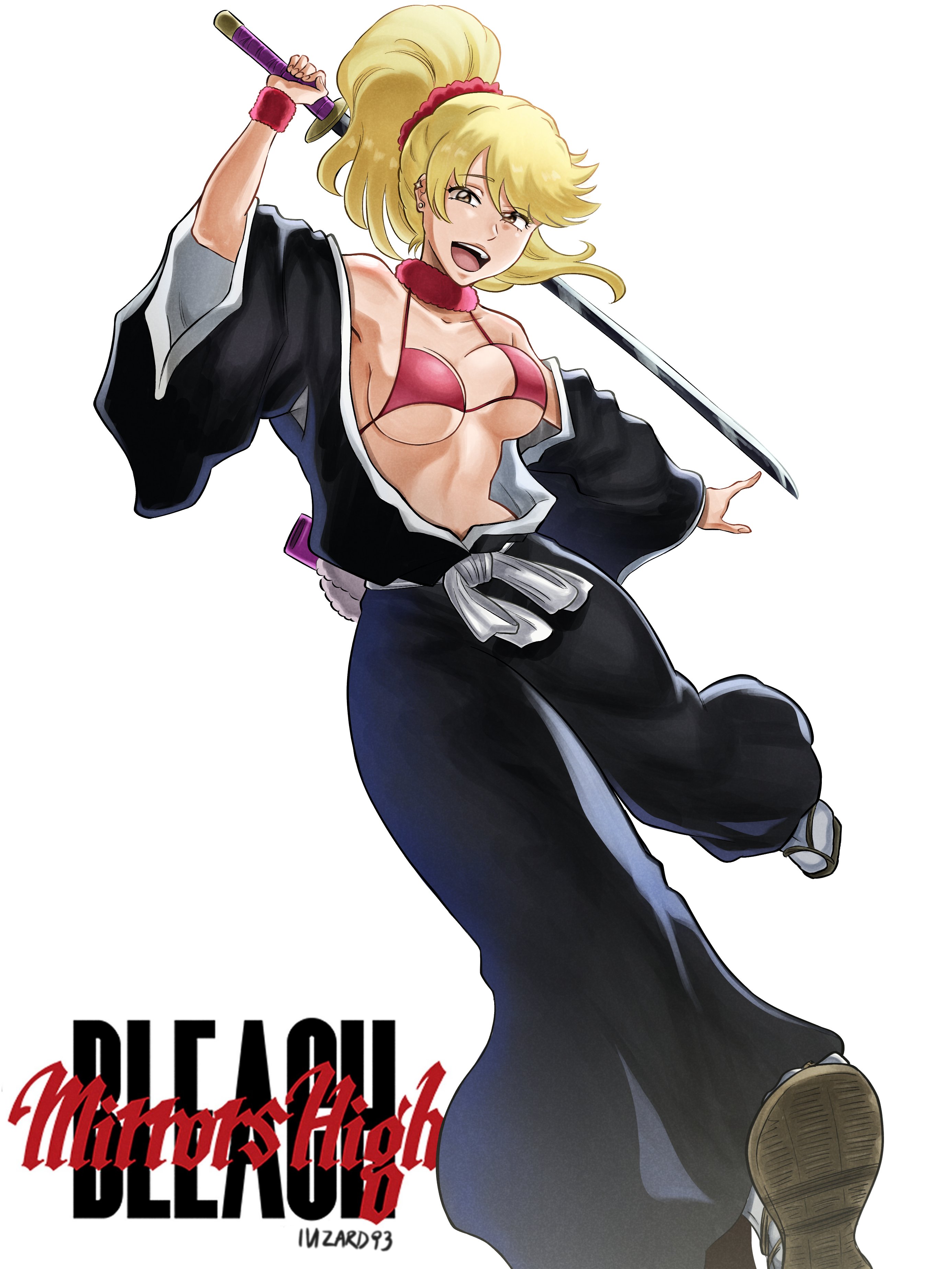 1girls, big breasts, bikini, bleach, blonde hair, breasts, brown eyes, ear piercing, eyebrows, eyebrows visible through hair, eyelashes, female, female focus, female only, holding sword, huge breasts, human, human female, inner sideboob, ivizard, kogal, large breasts, light skin, light-skinned female, long hair, looking at viewer, midriff, naru jurinna, open mouth, open robe, ponytail, scrunchie, shihakusho, slim waist, smile, solo, solo female, solo focus, sword, tied hair, underboob