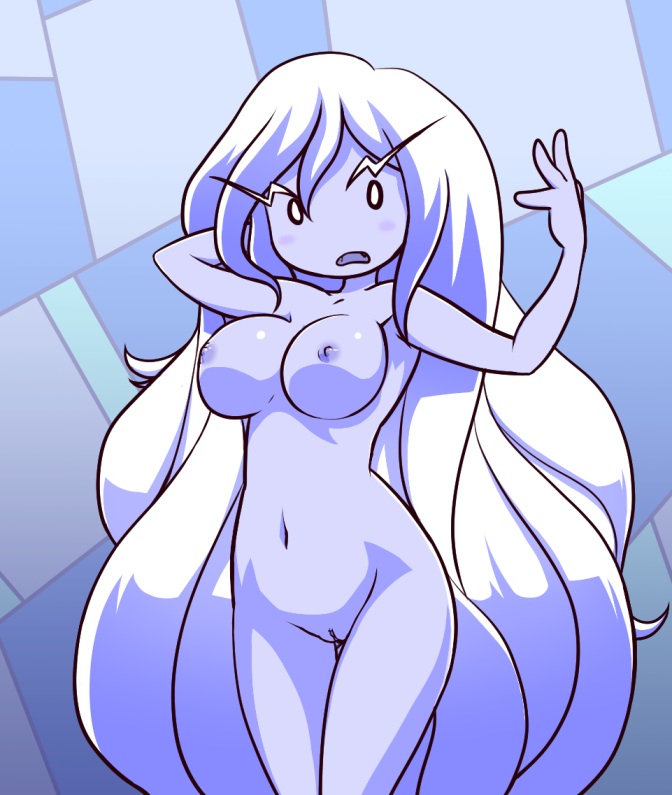 1girls, adventure time, blush, breasts, cartoon network, completely nude, female, female only, ice queen (adventure time), large breasts, long hair, mob face, monochrome, navel, nipples, nollety, nude, nude female, solo, tagme, very long hair, white eyes, white hair