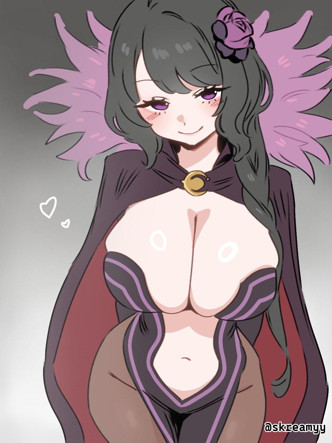 ///, 1girls, 2d, 2d (artwork), 2d artwork, adult, adult female, anime, anime character, arm behind back, background, belly, belly button, big boobs, big breasts, black background, black cape, black hair, black-haired female, blush face, blush lines, blushing, blushing at viewer, blushing female, blushing lines, braid, braided hair, braided ponytail, braids, breasts, brown legwear, brown pantyhose, brown stockings, brown tights, busty, busty female, busty girl, cape, cleavage, closed mouth smile, curvaceous, curvaceous body, curvaceous female, curvaceous figure, curvaceous hips, curvy, curvy body, curvy female, curvy figure, curvy hips, dark hair, digital, digital art, digital drawing, digital drawing (artwork), digital media, digital media (artwork), drawing, elsa granhilte, eyebrows visible through hair, fanart, female, female focus, female only, flower, flower hair ornament, flower in hair, flower on head, flushed, flushed cheeks, flushed face, gradient background, groin, hair ornament, hand behind back, head tilt, hourglass figure, huge boobs, huge breasts, inguinal crease, inguinal ligament, large boobs, large breasts, lean figure, legs closed, legs together, legwear, long hair, looking at viewer, looking up, looking up at viewer, manga character, mature, mature female, mature woman, midriff, narrow waist, navel, pantyhose, plain background, plump breasts, ponytail, portrait, purple eyes, purple-eyed female, re:zero kara hajimeru isekai seikatsu, single braid, skindentation, skreamyy, slender body, slender waist, slim female, slim waist, smile, smiley face, smiling, smiling at viewer, solo, standing, stockings, thick thighs, thighs, thighs together, tied hair, tights, tilted head, two-tone background, upper body, voluptuous, voluptuous body, voluptuous female, voluptuous figure, voluptuous woman, white background, white fox (studio), wide hips, woman