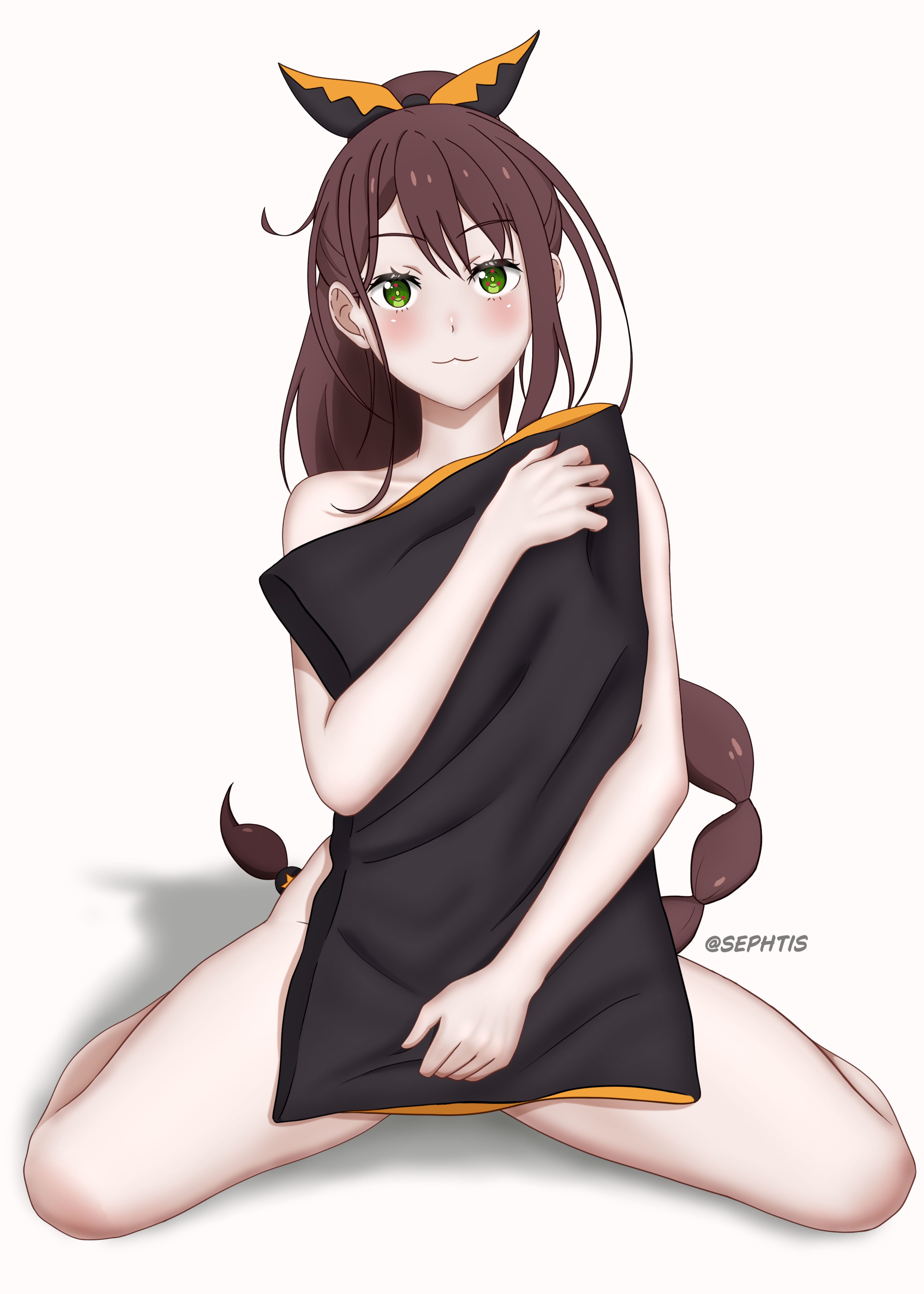 :3, 1girls, 2d, 2d (artwork), 2d artwork, adult, adult female, anime, anime character, background, black cape, black hair ribbon, black hair tie, black ribbon, blank background, blush face, blushing, blushing at viewer, blushing female, braid, braided hair, braided ponytail, braids, brown hair, brown-haired female, cape, closed mouth smile, collarbone, covering, covering breasts, covering chest, covering crotch, covering nipples, covering privates, covering pussy, covering self, digital, digital art, digital drawing, digital drawing (artwork), digital media, digital media (artwork), drawing, elbows, eyebrows visible through hair, fanart, female, female focus, female only, fingers, flushed, flushed cheeks, flushed face, green eyes, green-eyed female, hair ribbon, hair tie, hand on crotch, hand on own crotch, hand on own pussy, hand on pussy, hiding breasts, hiding pussy, humanoid, knees, legs, legs folded, long hair, looking at viewer, manga character, mature, mature female, mature woman, monotone background, non human, one color background, orange hair ribbon, orange hair tie, orange ribbon, plain background, portrait, re:zero kara hajimeru isekai seikatsu, ribbon, scorpion tail hair braid, seiza, sephtis, shaula (re:zero), shoulders, single braid, sitting, sitting on floor, sitting on ground, sitting on knees, sitting on leg, smile, smiley face, smiling, smiling at viewer, solid color background, solo, thighs, tied hair, very long hair, very long hair female, white background, white fox (studio), woman