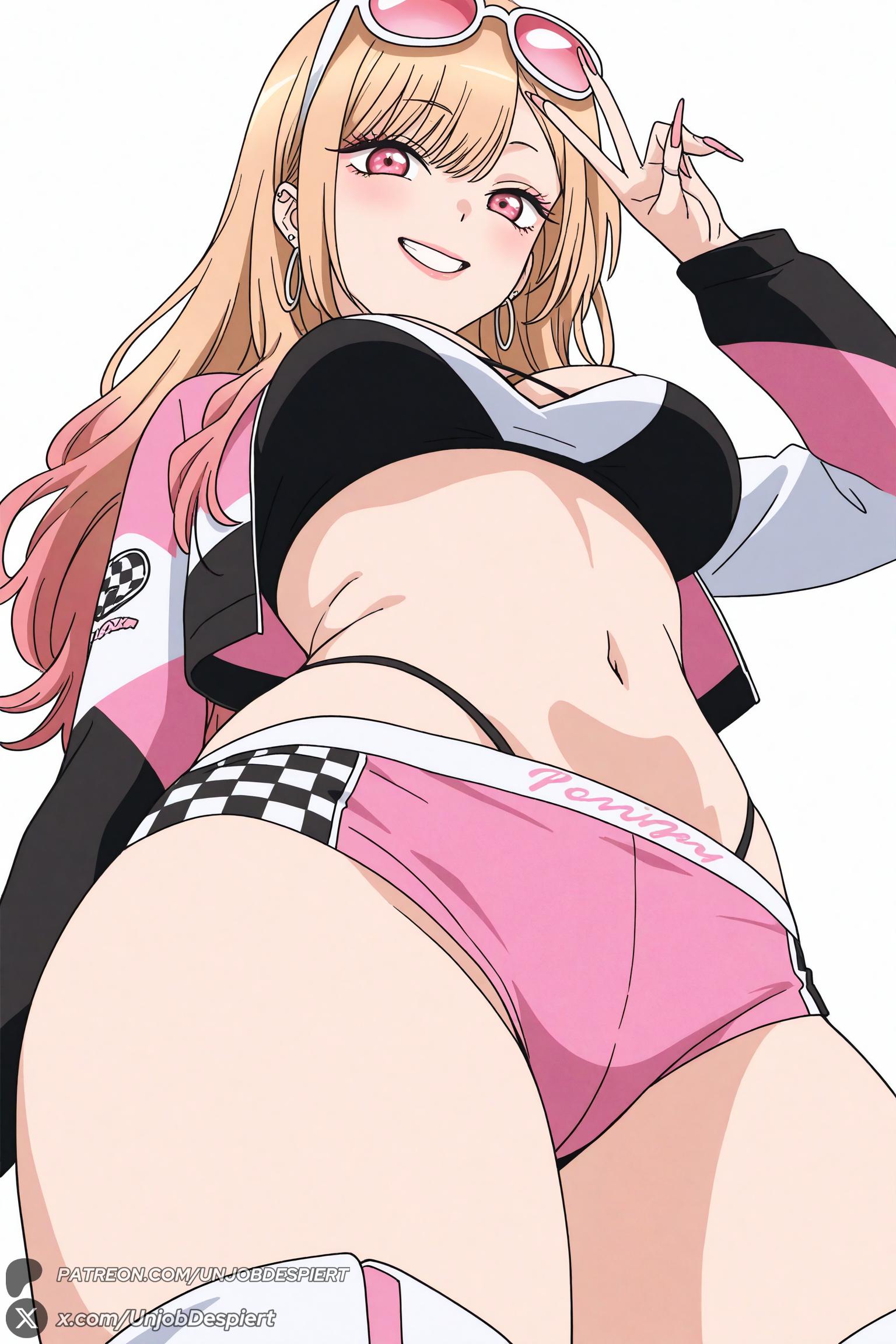 1female, 1girl, 1girls, 2026, ai generated, artist name, big ass, big breasts, bikini, blonde hair, blush, breasts, cameltoe, crop top, curvy, earrings, eyewear on head, female, female only, from below, gradient hair, grin, hi res, high quality, high resolution, highleg, highres, huge ass, huge breasts, jacket, jewelry, kitagawa marin, large breasts, long hair, long sleeves, looking at viewer, midriff, multicolored hair, my dress up darling, navel, open clothes, patreon, patreon username, pink eyes, pink nails, pink shorts, race queen, red eyes, short shorts, shorts, simple background, smile, solo, sono bisque doll wa koi wo suru, sunglasses, thighhighs, thighs, underwear, unjobdespiert, v, watermark, white background