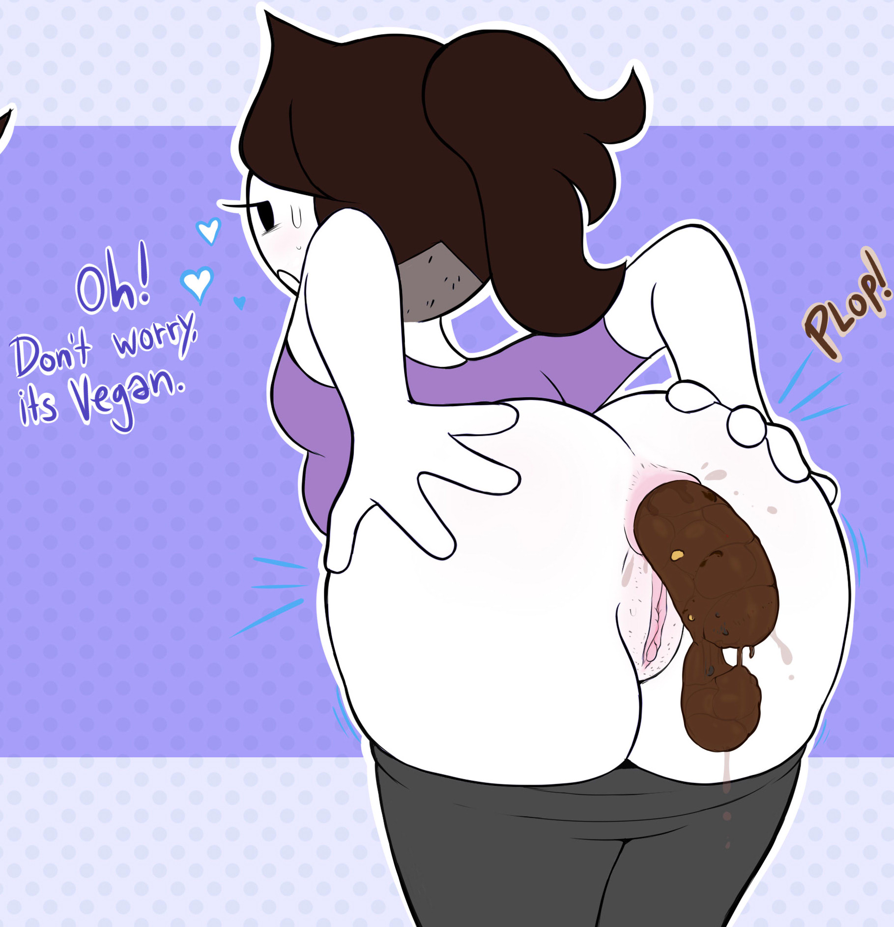 1girls, anus, ass, blush, brown hair, female, female only, hand on ass, jaiden, jaiden (jaiden animations), jaiden animations, jaiden dittfach, jaidenanimations, looking back, pants down, ponytail, poop, pooping, pussy, scat, shadman, shit, shitting, spread ass, sweat, white skin