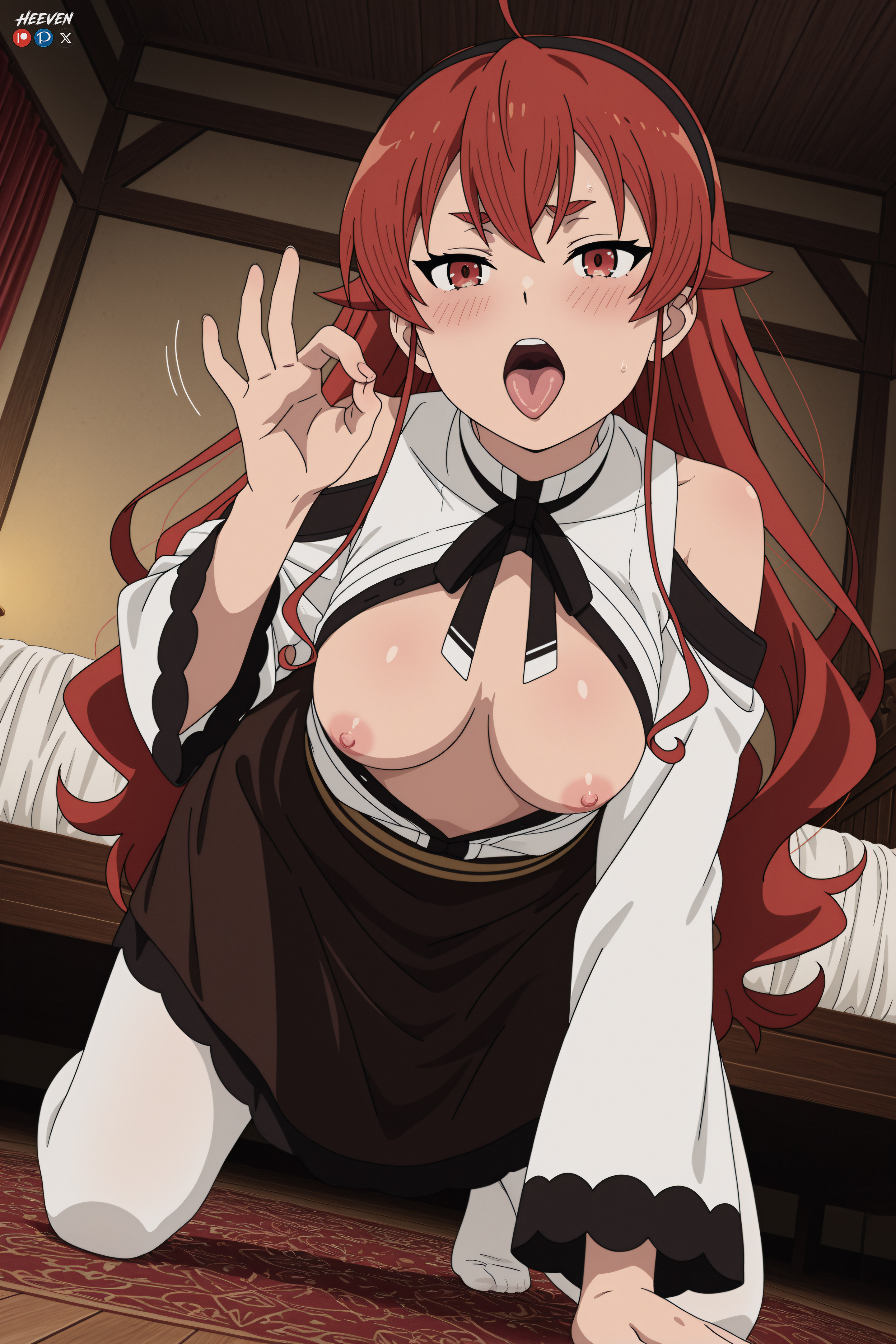 1boy, 1girl, absurdres, adult, ahoge, ai assisted, ai generated, all fours, bed, big breasts, black hairband, blush, breasts, breasts out, eris greyrat, fellatio gesture, female, hairband, heeven, highres, indoors, long hair, long sleeves, looking at viewer, male, mature, medium breasts, mushoku tensei, mushoku tensei: isekai ittara honki dasu, nipples, on bed, open clothes, open mouth, pantyhose, patreon, patreon username, perfect body, questionable, red eyes, red hair, skirt, solo, tongue, tongue out, uncensored, white pantyhose