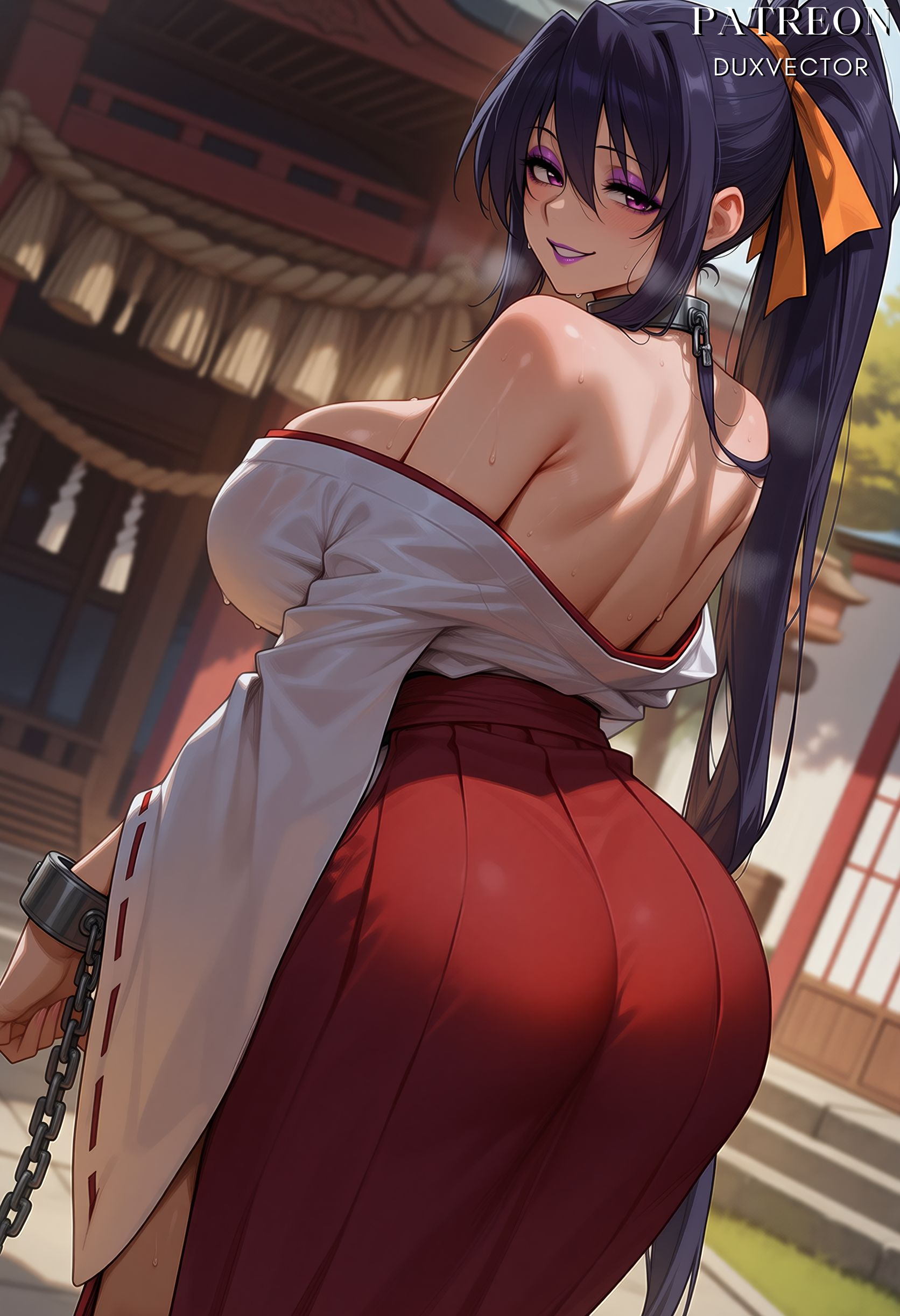 1girl, 1girls, ai generated, akeno himejima, artist name, ass, back, bare shoulders, big ass, black hair, blurry background, blush, bound, breasts, chain, chained, chained wrists, clothing, cuffs, duxvector, female, female only, from behind, hair between eyes, hair ribbon, hakama, hakama skirt, handcuffs, high school dxd, himejima akeno, huge ass, huge breasts, japanese clothes, kimono, large breasts, light-skinned female, long hair, long sleeves, looking at viewer, looking back, makeup, miko, off shoulder, orange ribbon, outdoors, patreon username, ponytail, purple eyes, red hakama, ribbon, shackles, shrine, shrine maiden, sideboob, skirt, smile, solo, standing, traditional clothes, very long hair, wafuku, white kimono, wide sleeves