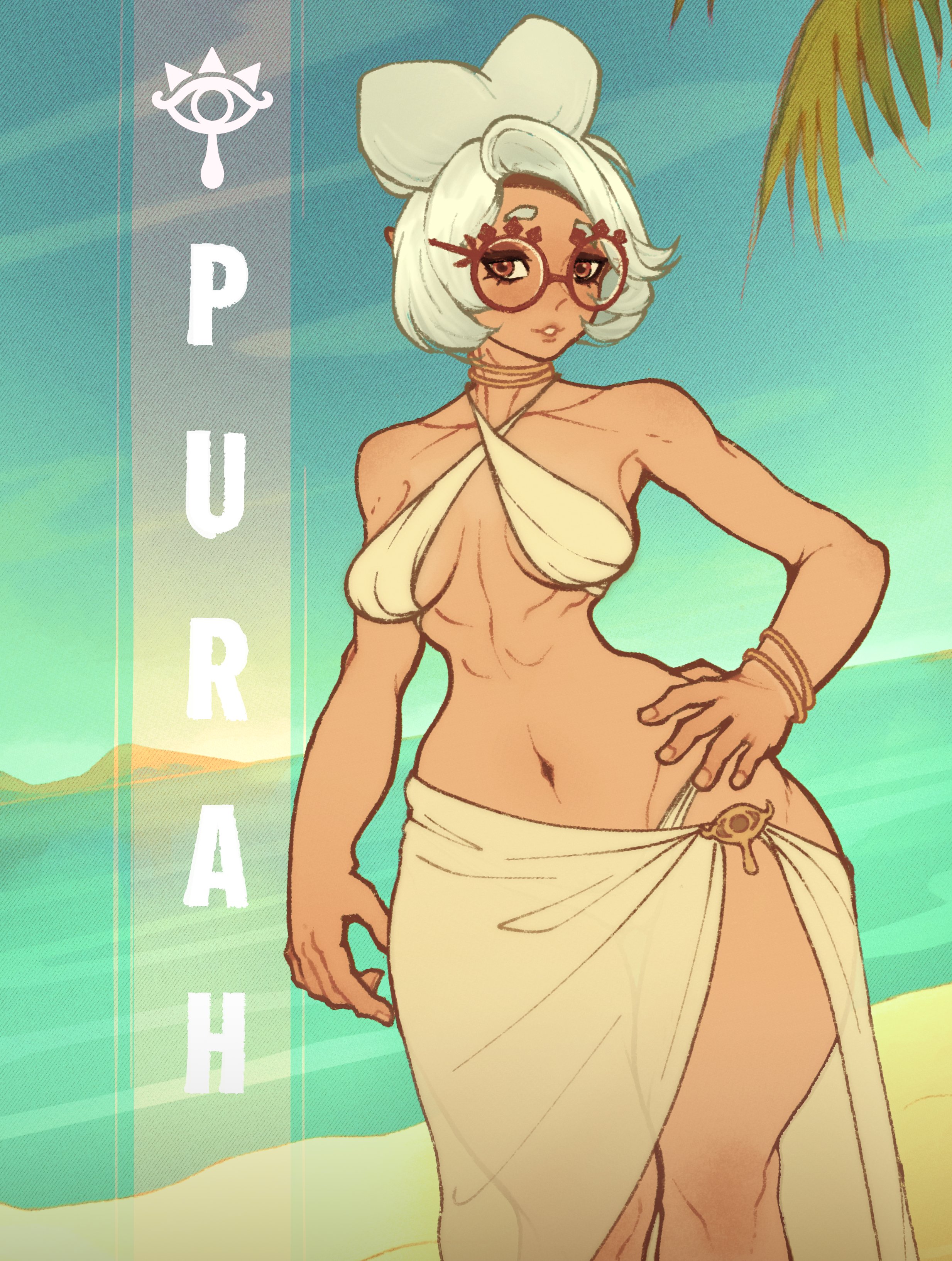 1girls, artist request, bracelet, breasts, criss-cross halter, dark skin, halterneck, hand on hip, jewelry, lips, looking at viewer, medium breasts, navel, nintendo, purah, red eyes, sarong, short hair, solo, standing, swimsuit, tears of the kingdom, the legend of zelda, toned, white hair