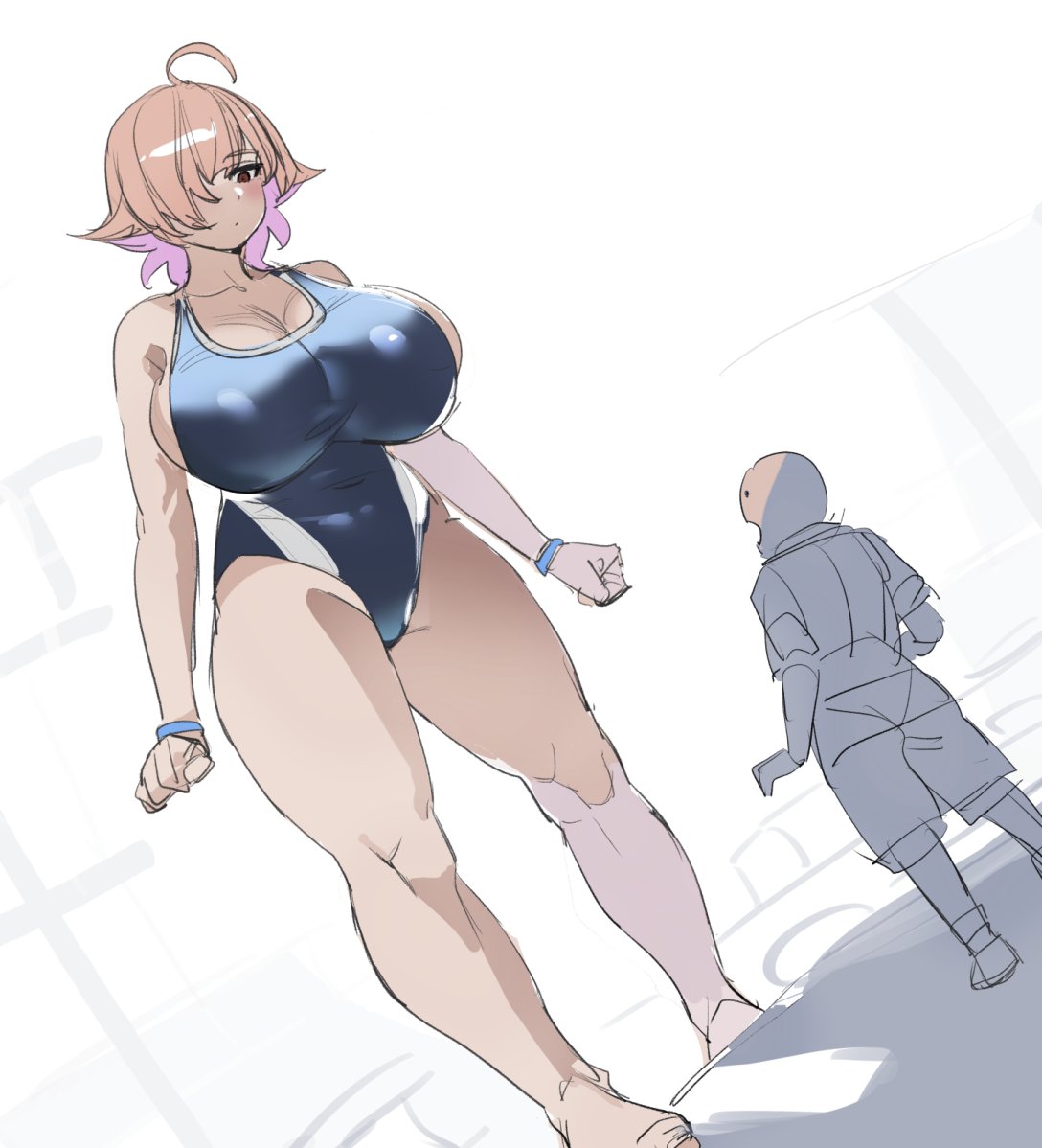 1boy, 1girls, big boobs, big breasts, bigger female, boobs, bow (bhp), bow999, breasts, detailed female, female, female focus, giantess, hair over one eye, hourglass figure, large boobs, large breasts, larger female, light-skinned female, mini giantess, one-piece swimsuit, shorter male, slim waist, smaller male, swimsuit, swimwear, taller female, thick thighs, wide hips