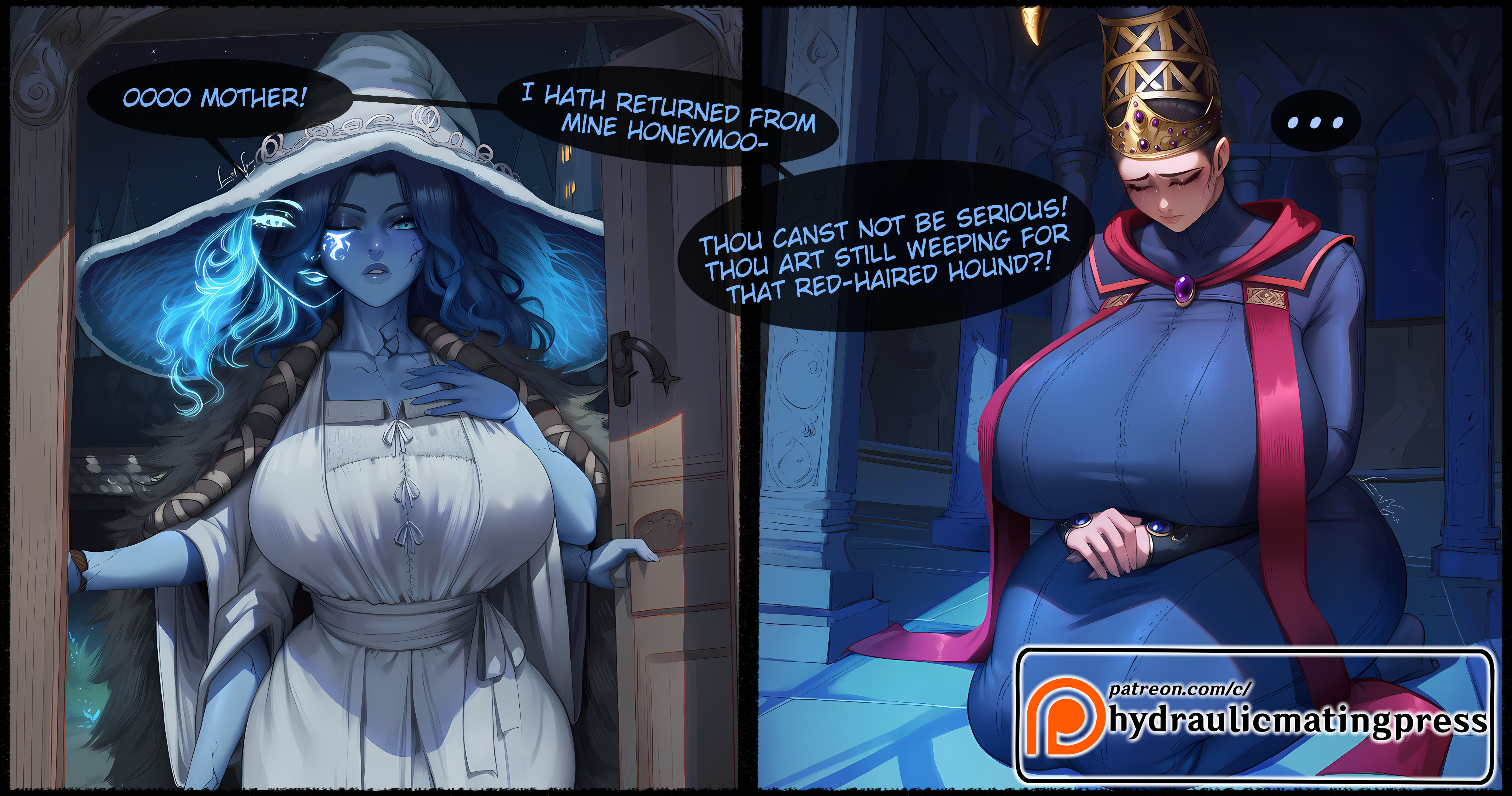 ..., 1boy, 2026, 2d, 2girls, absurd res, absurd resolution, absurdres, ai generated, alternate breast size, blue eyes, blue hair, blue robe, blue skin, breasts, cloak, colored skin, comic, cracked skin, doll joints, doorway, dress, elden ring, english text, extra arms, extra faces, fromsoftware, fur cloak, gigantic breasts, hat, helmet, hi res, high quality, high resolution, highres, huge breasts, hydraulicmatingpress, image, joints, large hat, long hair, milf, mother, multiple girls, one eye closed, patreon, patreon logo, patreon username, ranni the witch, rennala queen of the full moon, ring, robe, sitting, speech bubble, spoken ellipsis, uncensured, watermark, white dress, witch, witch hat