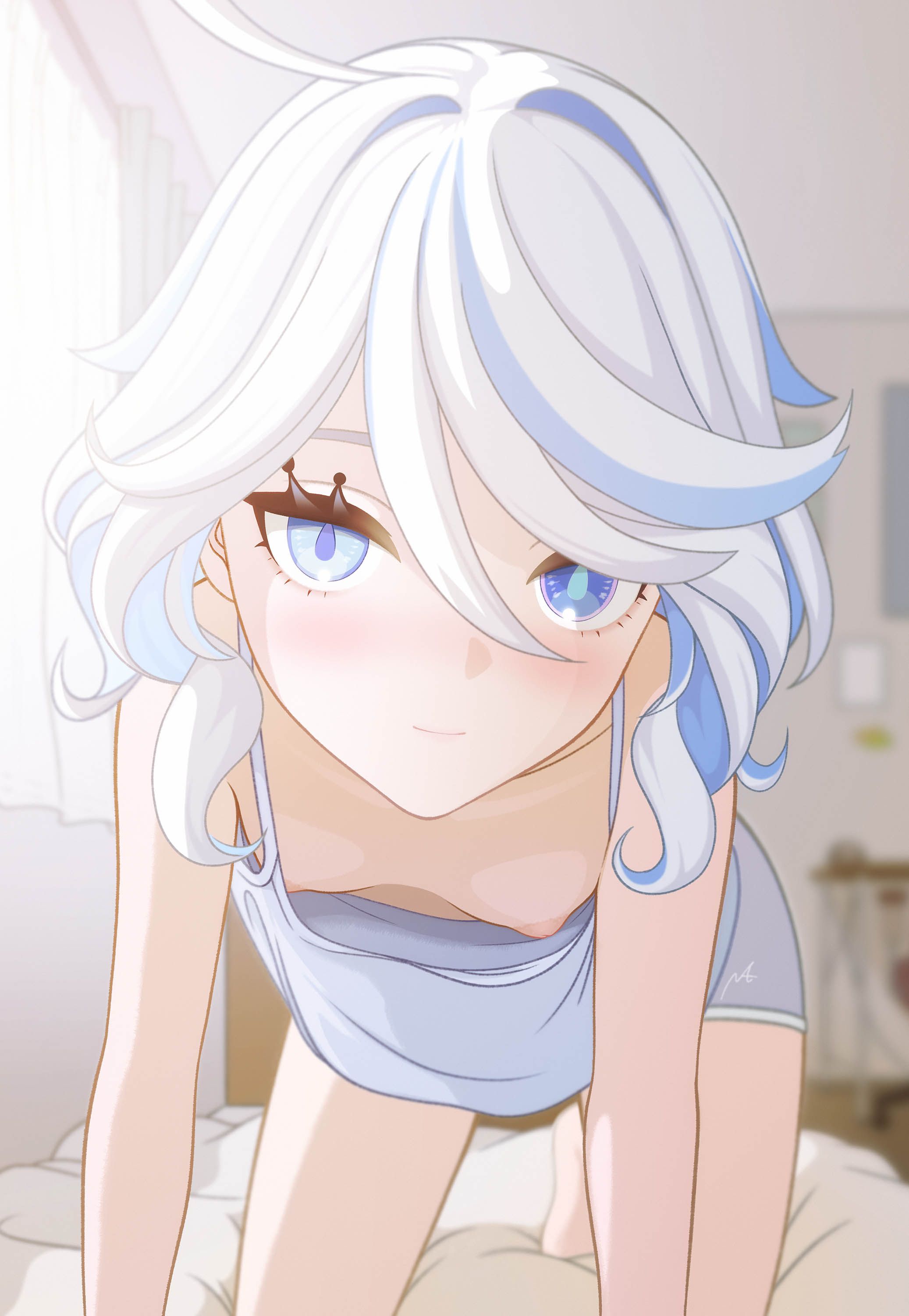 1girls, 2d, 2d (artwork), 2d artwork, ahoge, alternate version at source, alternate version available, areola, areolae, arm support, bedroom, bedroom background, bedroom scene, bedroom setting, bent forward, bent over, blue camisole, blue eyes, blue shorts, blue-eyed female, blurred background, blurry background, breasts, camisole, closed mouth smile, collarbone, digital, digital art, digital drawing, digital drawing (artwork), digital media, digital media (artwork), downblouse, drawing, fanart, female, female focus, female only, flat breasts, flat chest, flat chested, furina (genshin impact), game character, genshin impact, hair between eyes, heterochromia, hoyoverse, indoor, indoor background, indoor nudity, indoors, interior background, leaning, leaning forward, light smile, long hair, looking at viewer, mihoyo, more at source, multicolored hair, natsviolet, nipples, no bra, petite, petite body, petite breasts, petite female, petite girl, petite tits, pink areola, pink areolae, pink nipples, portrait, room, room background, shorts, shoulders, slight smile, small areola, small areolae, small boobs, small breasts, small nipples, small tits, smile, smiley face, smiling, smiling at viewer, smooth chest, solo, split-color hair, tiny breasts, tiny tits, two tone hair, two-tone hair, uncensored, uncensored breasts, uncensored nipples, video game, video game character, video games, white hair, white-haired female