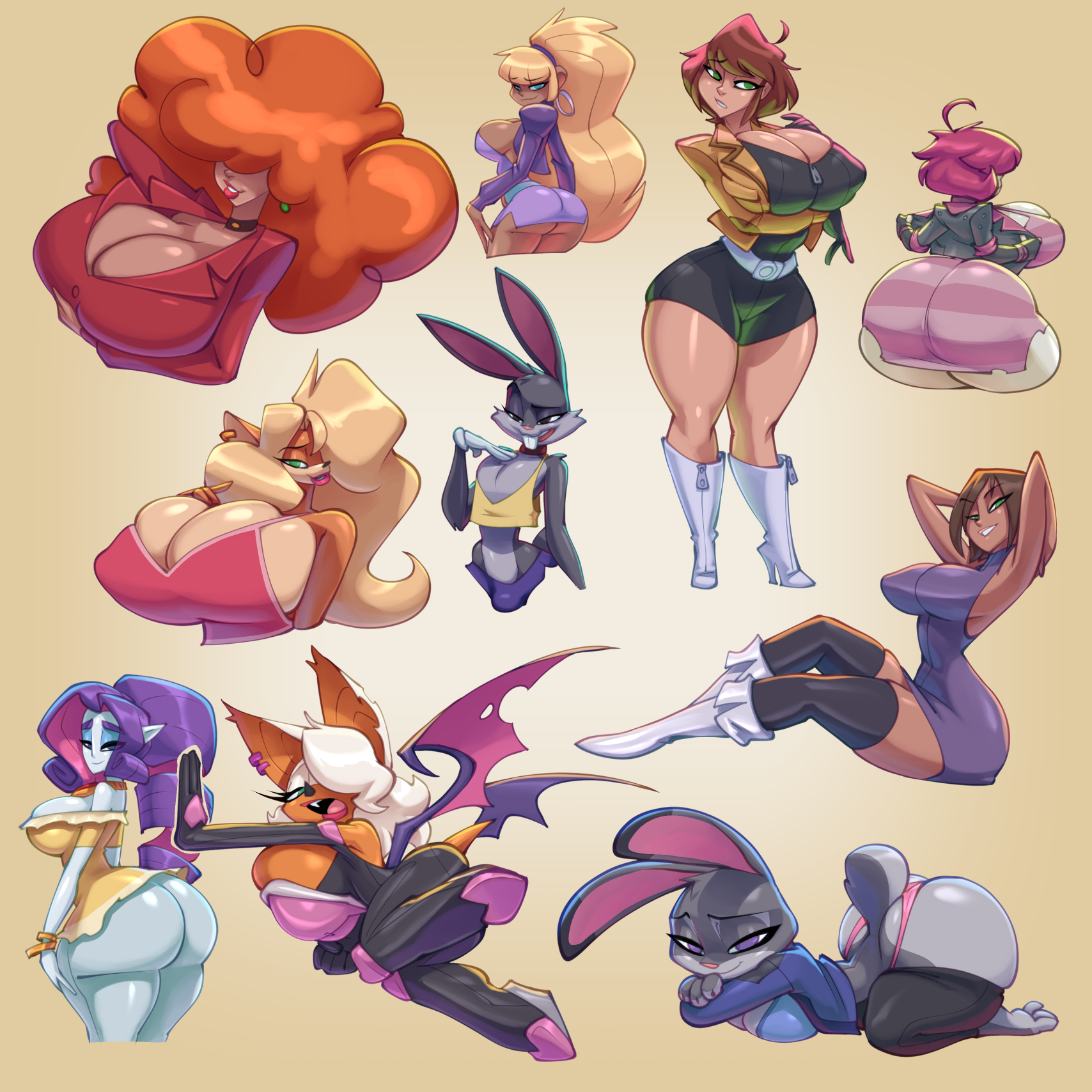 1boy, 6+girls, april o'neil, april o'neil (tmnt 1987), bigdad, bonnie rockwaller, boots, bugs bunny, check character, disney, gaz membrane, gravity falls, huge ass, judy hopps, kim possible, looney tunes, my little pony, pacifica northwest, powerpuff girls, rarity (mlp), rouge the bat, sara bellum, sonic (series), source request, tawna bandicoot, teenage mutant ninja turtles, zootopia