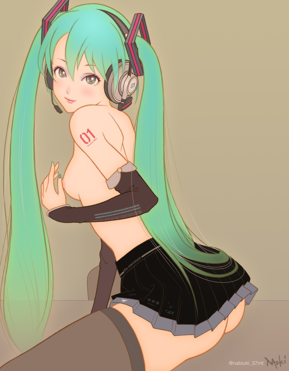 1girls, 2d, 2d (artwork), 2d artwork, areola, areolae, arm support, arm tattoo, ass, ass cleavage, ass crack, back, background, bare belly, bare breasts, bare chest, bare hands, bare nipples, bare shoulders, bare skin, bare tits, black skirt, black sleeves, blue eyebrows, blue eyes, blue fingernails, blue hair, blue nail polish, blue nails, blue-eyed female, blue-haired female, breasts, brown background, brown legwear, brown stockings, brown thigh highs, brown thighhighs, butt, closed mouth smile, cyan eyes, cyan hair, cyan-eyed female, cyan-haired female, digital, digital art, digital drawing, digital drawing (artwork), digital media, digital media (artwork), drawing, elbows, exposed, exposed belly, exposed breasts, exposed chest, exposed nipples, exposed shoulders, exposed skin, female, female focus, female only, fingernails, fingers, hair between eyes, half naked, half nude, hatsune miku, head tilt, lean figure, legwear, light smile, lip gloss, lips, lipstick, long hair, looking at viewer, looking sideways, looking to the side, median furrow, monotone background, nail polish, nails, naked, naked female, naked woman, narrow waist, natsviolet, nipples, nude, nude female, nudity, one color background, partially undressed, petite, petite body, petite breasts, petite female, petite girl, petite tits, pink areola, pink areolae, pink lips, pink lipstick, pink nipples, pink tattoo, plain background, portrait, posing, posing for the viewer, posing naked, posing nude, semi nude, shoulder blades, shoulders, sideboob, sitting, skirt, sleeves, slender body, slender waist, slight smile, slim female, slim waist, small areola, small areolae, small boobs, small breasts, small nipples, small tits, smile, smiley face, smiling, smiling at viewer, solid color background, solo, stockings, tattoo, tattoo on arm, tattoo on arms, tattooed, tattooed arm, tattooed arms, tattooed female, tattooed girl, thigh highs, thighhighs, thighs, tilted head, tiny breasts, tiny tits, turquoise fingernails, turquoise nail polish, turquoise nails, twintails, twintails (hairstyle), uncensored breasts, uncensored nipples, upper body, very long hair, very long hair female, vocaloid