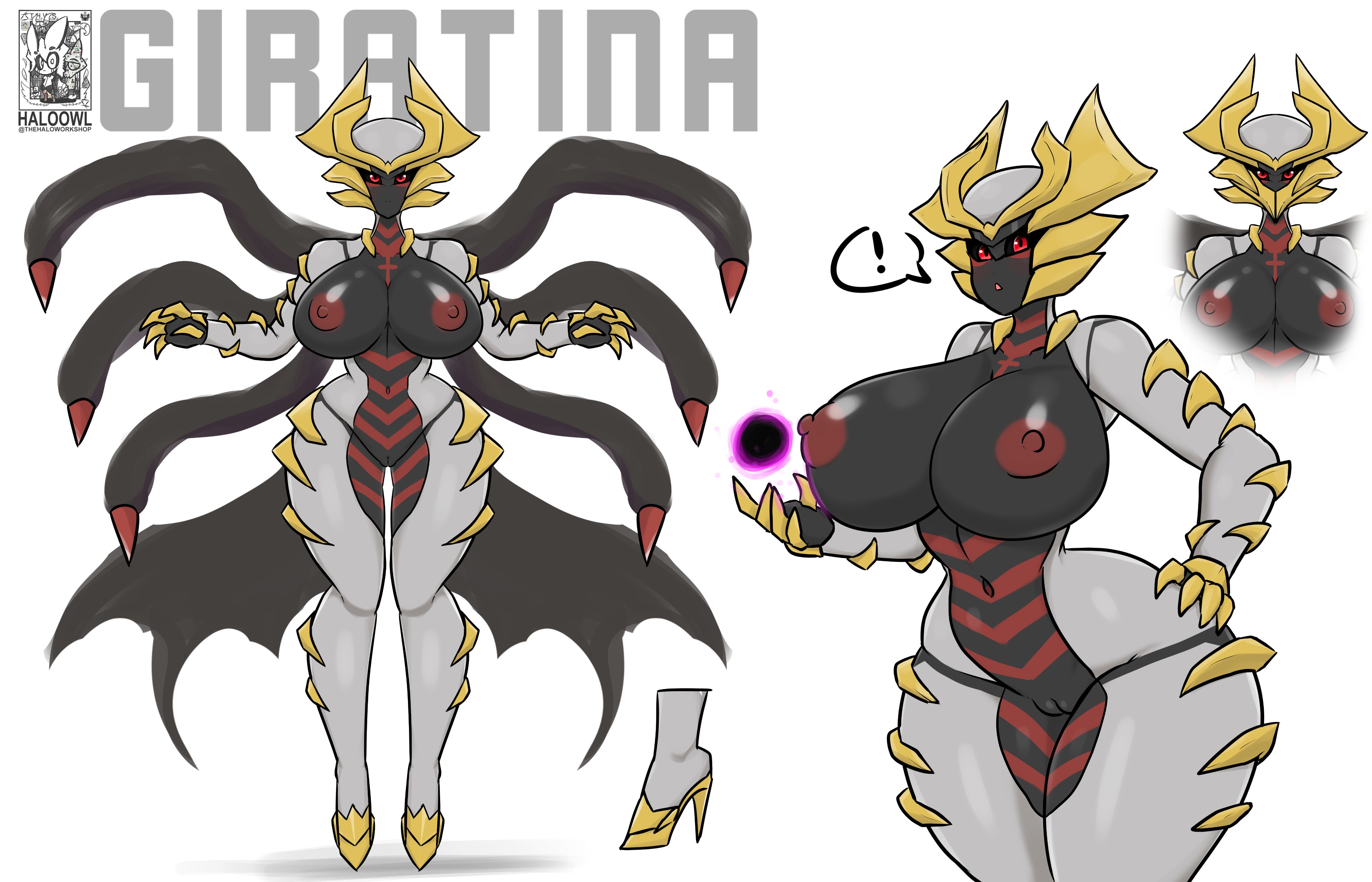 5 fingers, absurd res, areola, big breasts, breasts, clothing, exclamation point, female, fingers, footwear, generation 4 pokemon, giratina, haloowl, halotroll, hi res, high heels, legendary pokemon, nintendo, nipples, no humans, pokemon, pokemon (species), solo, video games, wide hips