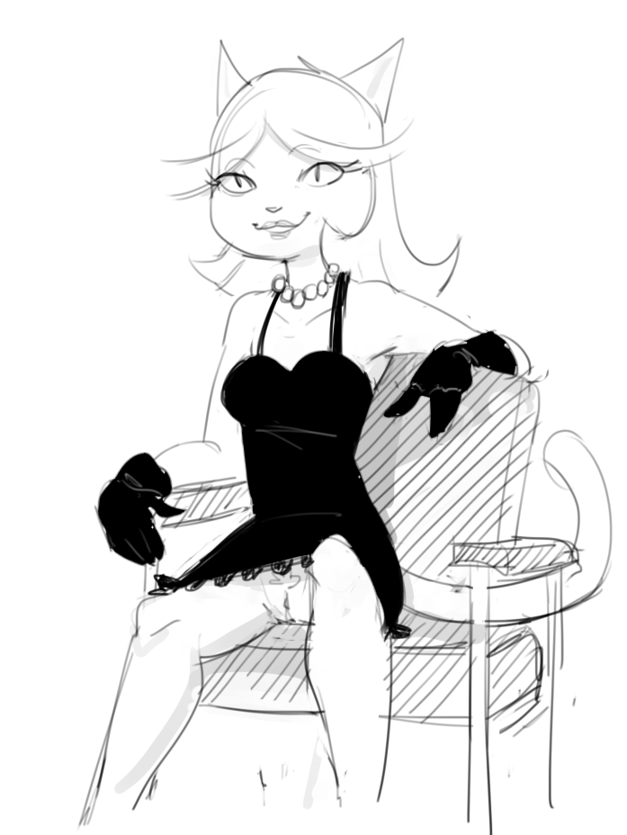 2018 anthro basic_instinct bottomless breasts cassandra_cat clothed clothing dbaru dress feline feline female gloves hair mammal monochrome parody pose presenting presenting_pussy pussy short_hair simple_background sitting sketch slylock_fox_&_comics_for_kids solo spread_legs spreading upskirt