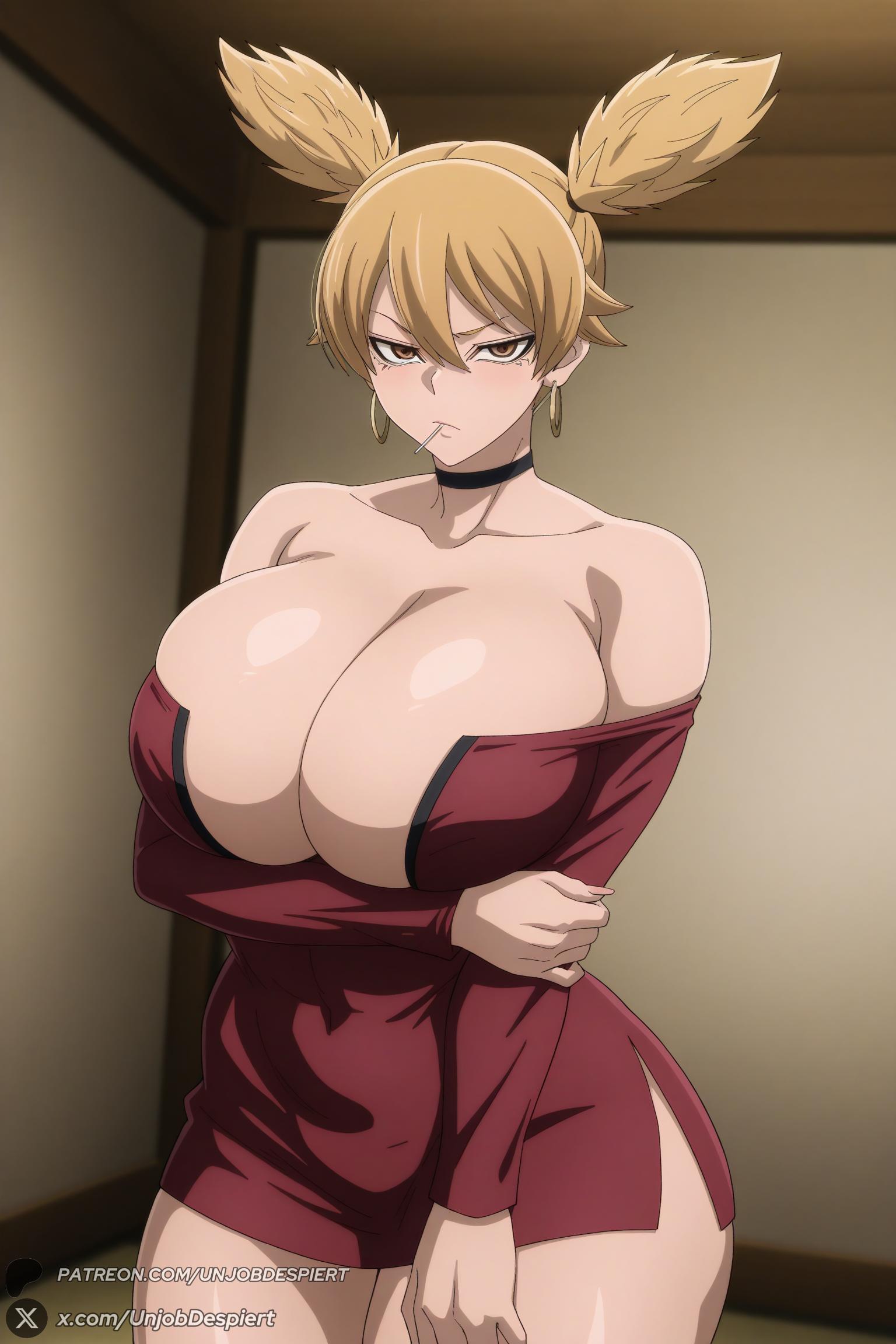 1female, 1girl, 1girls, 2026, ai generated, artist name, bangs, bare shoulders, big ass, big breasts, blonde hair, breasts, brown eyes, candy, choker, cleavage, collarbone, covered navel, curvy, dress, earrings, female, female only, food, hair between eyes, hi res, high quality, high resolution, highres, hoop earrings, huge ass, huge breasts, indoors, jewelry, looking at viewer, microdress, momokusa yomogi, patreon, patreon logo, patreon username, red dress, short dress, short hair, short twintails, solo, thick thighs, thighs, tight dress, tougen anki, twintails, unjobdespiert, watermark