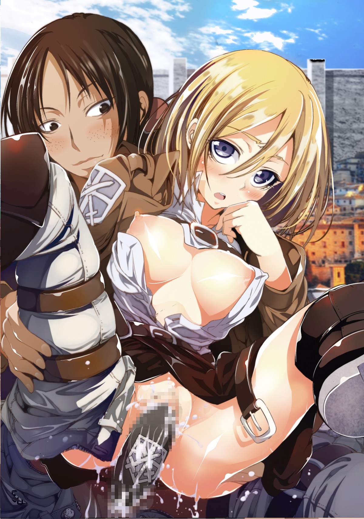 2girls, attack on titan, censored, christa lenz, female, female only, historia reiss, multiple females, multiple girls, shingeki no kyojin, tagme, ymir (shingeki no kyojin), yuri