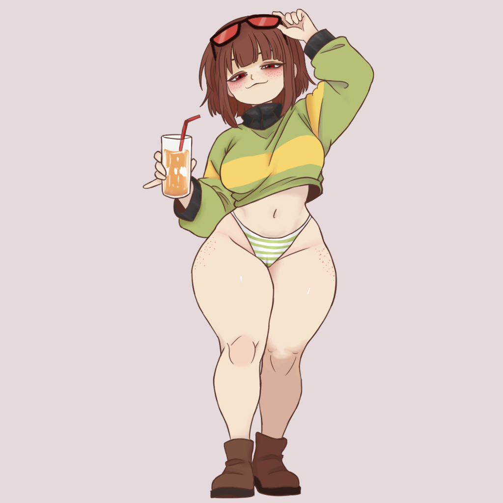 1girl arm_up artlongon big_breasts blush bottomless brat brown_hair cameltoe chara chara_(undertale) crop_top curvy female_chara female_only freckles glass holding_drink large_ass midriff pussy_through_clothing red_eyes short_hair smirk solo striped_panties sunglasses sunglasses_on_head thick_thighs undertale wide_hips
