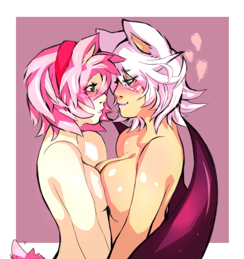 2girls, amy rose, artist request, asymmetrical docking, bat ears, bat wings, blush, breast press, breast size difference, breasts, female, furry, green eyes, humanized, large breasts, lipstick, multiple females, multiple girls, nude, personification, pink hair, rouge the bat, sega, sonic (series), sonic the hedgehog (series), symmetrical docking, white hair, wings, yuri
