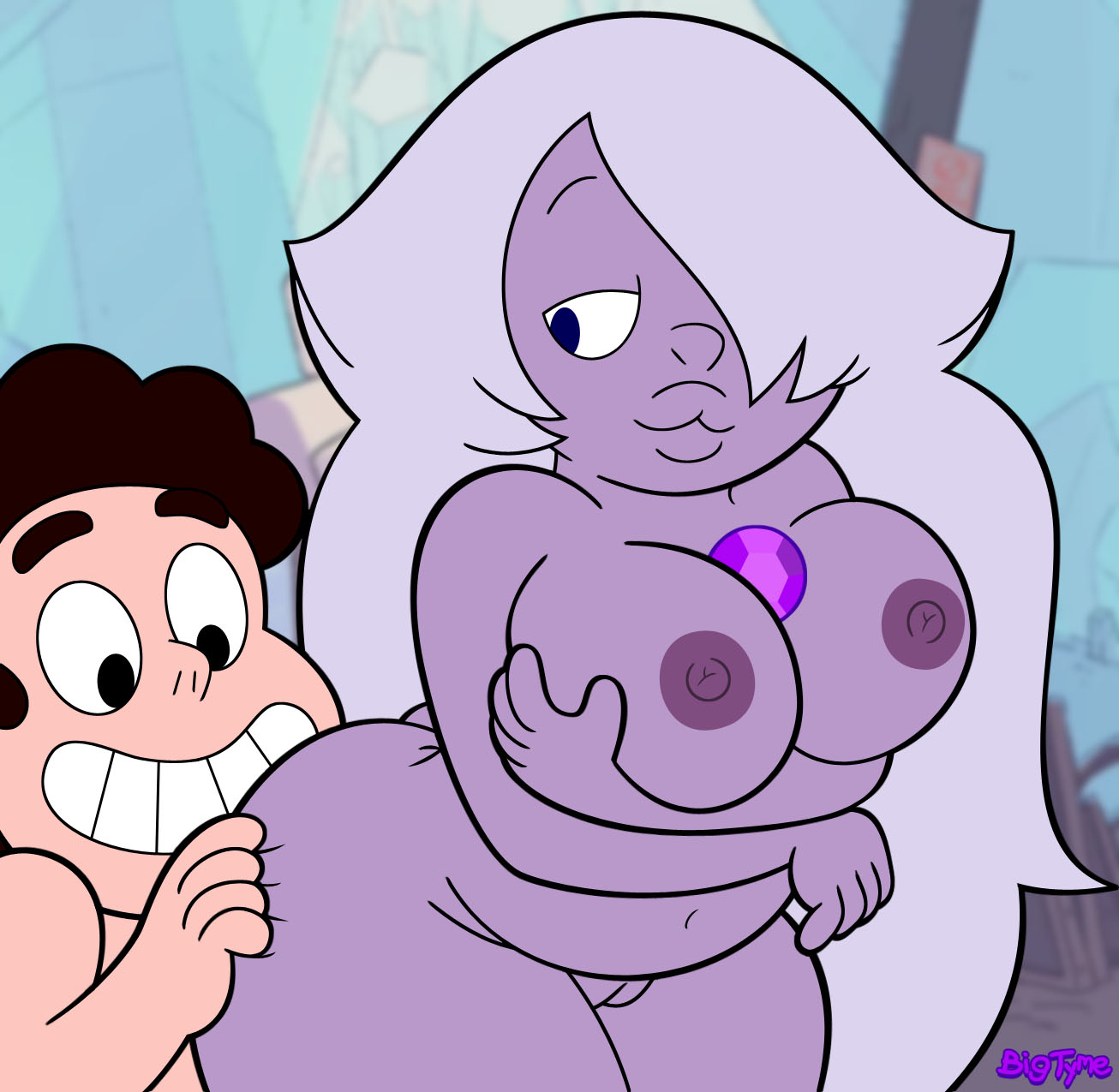 :3, 1boy, 1girls, amethyst (steven universe), ass, ass grab, bean smile, bigtyme, breasts, cartoon network, female, gem (species), large breasts, long hair, looking up, male, nipples, official style, purple skin, pussy, smiling, steven quartz universe, steven universe, young