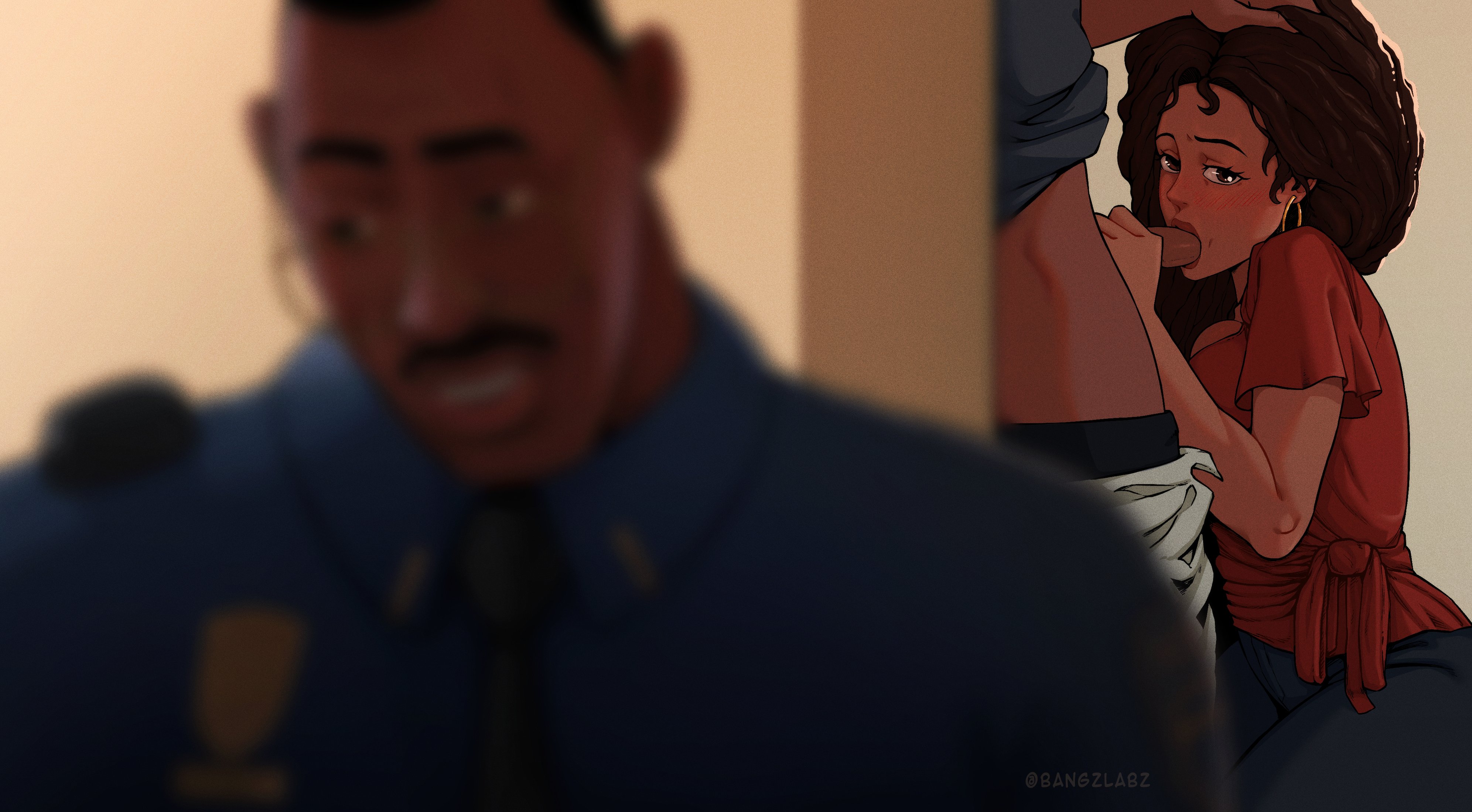 1boy, 1boy1girl, 1girls, 2026, bangzlabz, blowjob, cheating, cheating wife, fellatio, hand on head, incest, jefferson davis, male/female, marvel, miles morales, mother, mother and son, older female, older female and younger male, police, police officer, police uniform, rio morales, spider-man (series), spider-man: across the spider-verse, spider-man: into the spider-verse, tan body, tan skin, tan-skinned female, younger male
