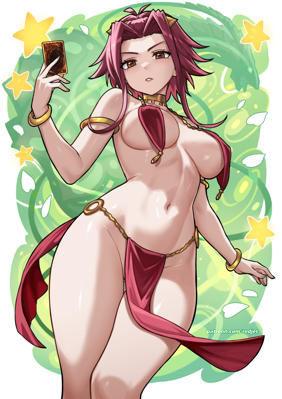 abdomen, akiza izinski, bracelet, breasts, brown eyes, card, collar, curvy, dancer, dancer outfit, egyptian, egyptian jewelry, female, female only, gold jewelry, hi res, izayoi aki, jewelry, light skin, lipstick, loincloth, looking at viewer, low-angle view, navel, one arm up, pose, psychic, red hair, redjet, seductive look, semi nude, short hair, sideboob, solo, thighs, warm, wide hips, younger female, yu-gi-oh!, yu-gi-oh! 5d's