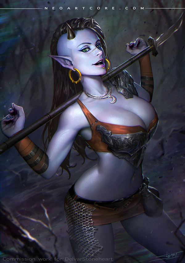 black hair, blue eyes, blue skin, bra, breasts, character request, cleavage, demon, demon girl, earrings, female, horns, large breasts, lip piercing, long hair, navel, navel piercing, neoartcore, open mouth, original, original character, pendant, piercing, pointy ears, scar, skirt, smile, solo, standing, weapon, wristband