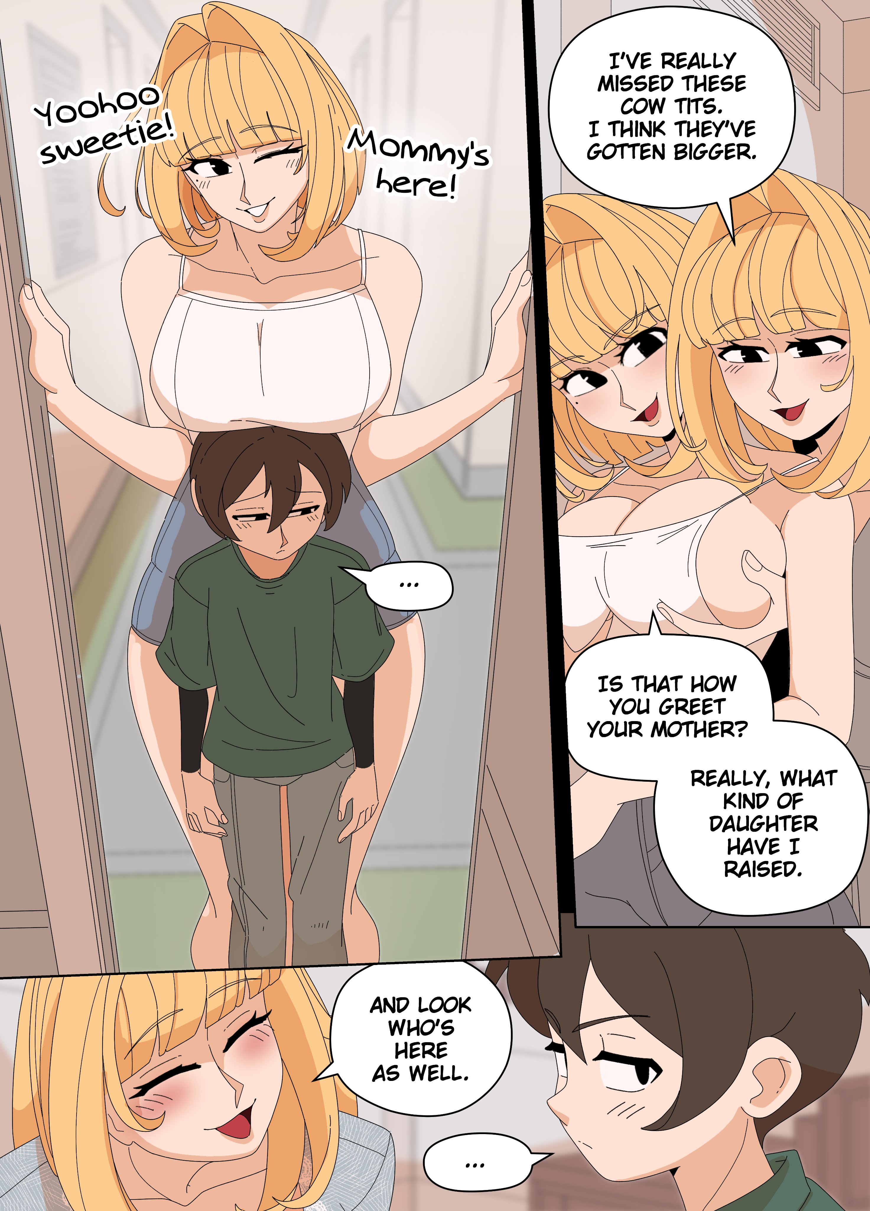 1boys, 2girls, bare arms, bare legs, bare shoulders, bare thighs, beauty mark, big breasts, blonde female, blonde hair, blonde-haired female, body costume, boy, breast grab, breasts, breasts on head, cleavage, comic, curvy, curvy body, curvy female, curvy figure, curvy hips, curvy thighs, cute boy, deception, disguise, ellie (impunderneath), ellie skinsuit, ellie skinsuit seven, english text, female, genderswap, genderswap (mtf), grabbing, grabbing another's breast, grabbing breasts, grabbing from behind, head under breasts, huge breasts, human costume, humansuit, impersonation, imposter, impunderneath, long hair, male in female body, maria (impunderneath), mature female, mature woman, milf, mole under eye, mother, mother and daughter, mother and son, original, original character, page 14, perfect disguise, possessed, possession, short hair, skinsuit, smaller male, smile, smiling, story, weak male