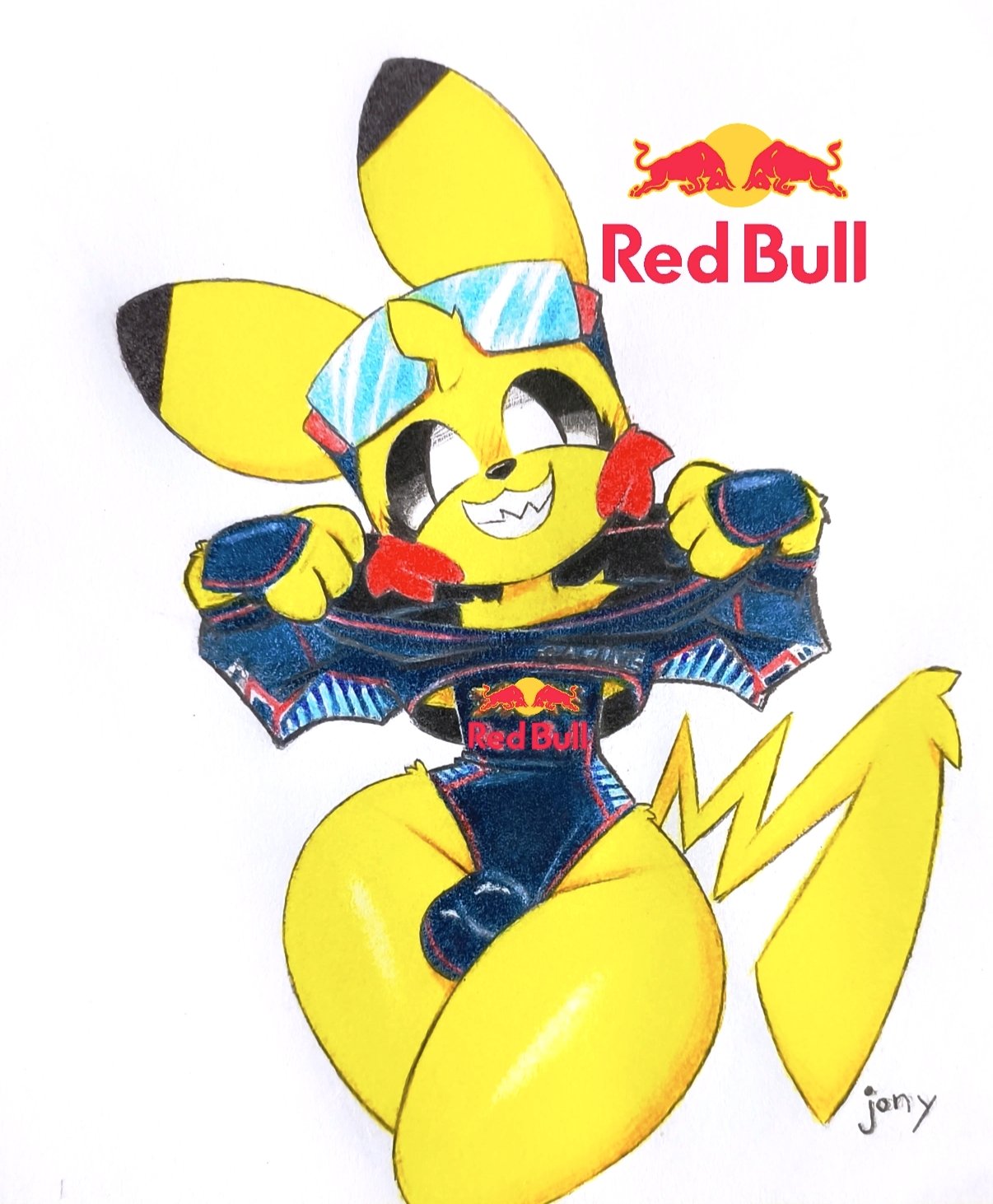 1boy, anthro, artist name, black sclera, bulge, clenched teeth, femboy, furry, jony chu, leotard, looking at viewer, male, male only, max verstappen, meme clothing, pikachu, pokemon, pokemon (species), racing suit, red bull, redbull leotard, sharp teeth, signature, simple background, smile, solo, source request, tail, thick, thick thighs, thighs, traditional media (artwork), white background, yellow fur