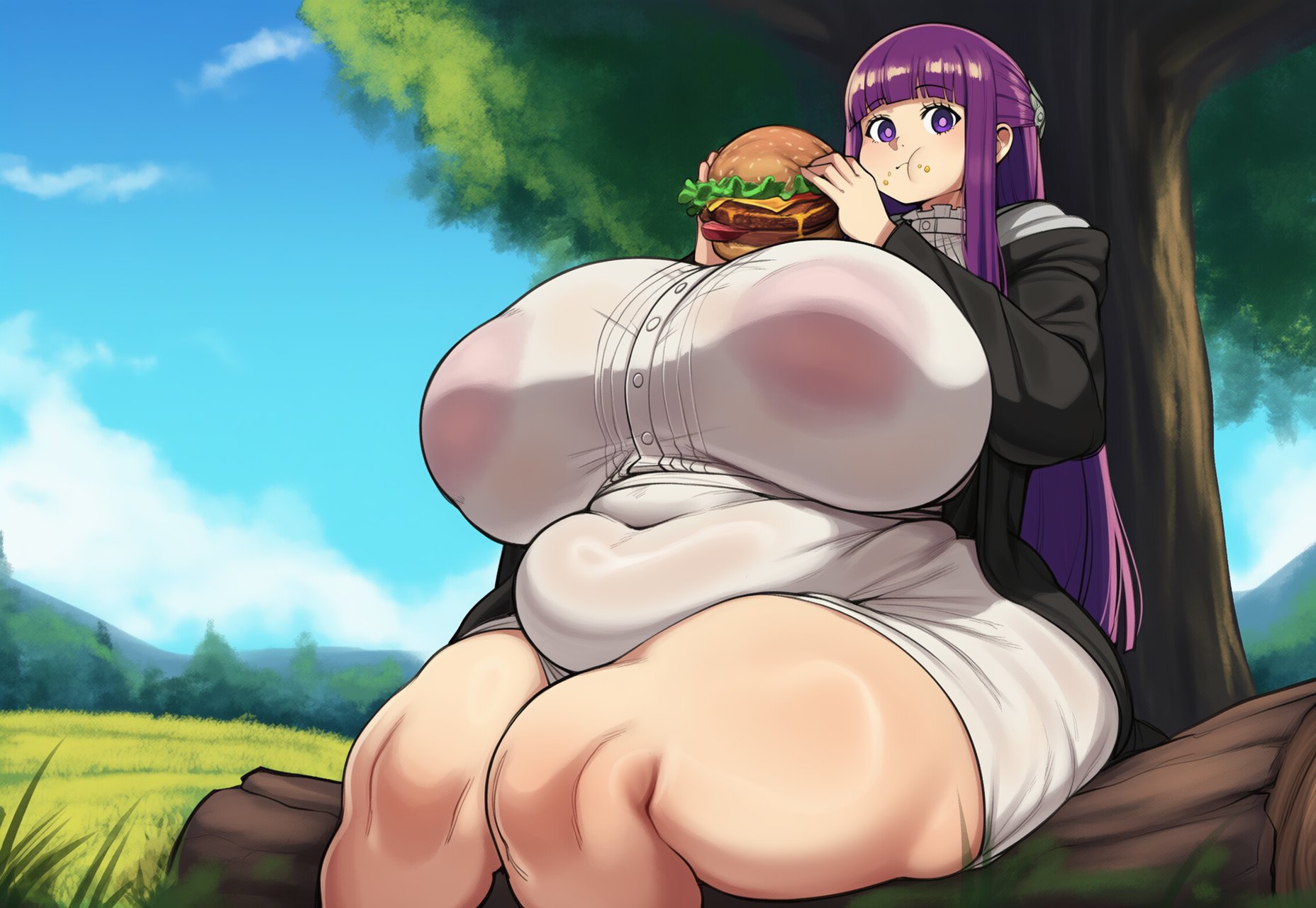 :t, 1girls, 2d, ai generated, alternate breast size, areola, areolae, areolae visible through clothing, ass, big ass, big belly, big breasts, big butt, big thighs, blue sky, blunt bangs, blush, breasts, bubble butt, burger, closed mouth, cloud, covered navel, day, dress, eating, fat, fat fass, fat thighs, feet out of frame, female, female only, fern (sousou no frieren), food, food on face, gigantic breasts, gigigens, gluttony, grass, holding, holding food, huge ass, huge breasts, huge butt, huge thighs, junk food, large areolae, large ass, large breasts, large butt, large thighs, lettuce, long hair, long sleeves, looking at viewer, massive ass, massive breasts, massive butt, nipples, obese, outdoors, plump, purple eyes, purple hair, see-through, sidelocks, sitting, sky, solo, solo female, sousou no frieren, straight hair, thick ass, thick butt, thick thighs, thighs, tree, very long hair, white dress, wide hips