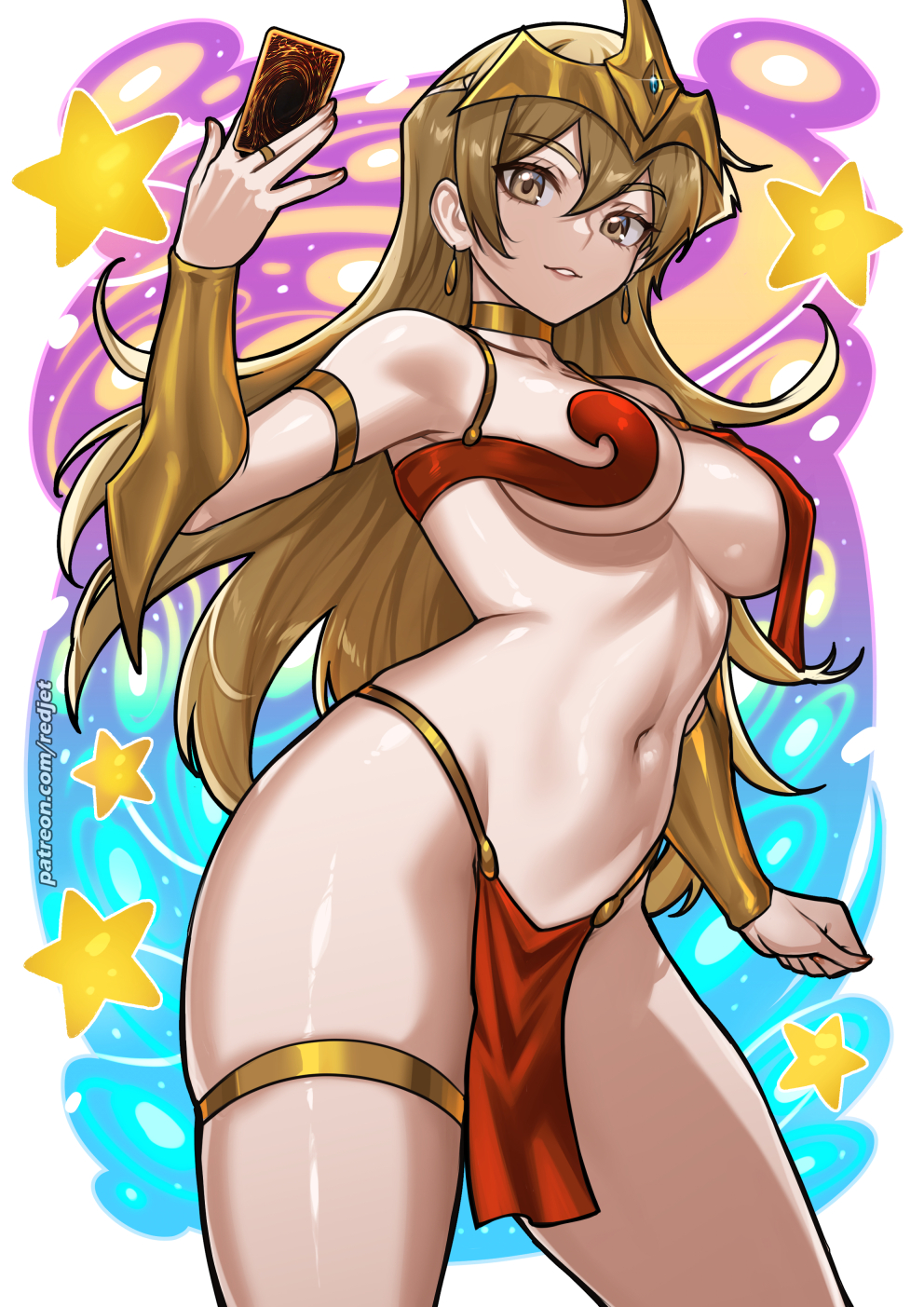 abdomen, alexis rhodes, blonde hair, bracelet, breasts, brown eyes, card, collar, cosplay, curvy, dancer, dancer outfit, earrings, egyptian, egyptian jewelry, elemental hero burstinatrix, female, female only, hi res, hips, light skin, loincloth, long hair, low-angle view, navel, one arm up, painted nails, pose, redjet, seductive, seductive look, semi nude, sideboob, smile, standing, teenager, tenjouin asuka, thighhighs, thighs, tiara, wide hips, yu-gi-oh!, yu-gi-oh! gx