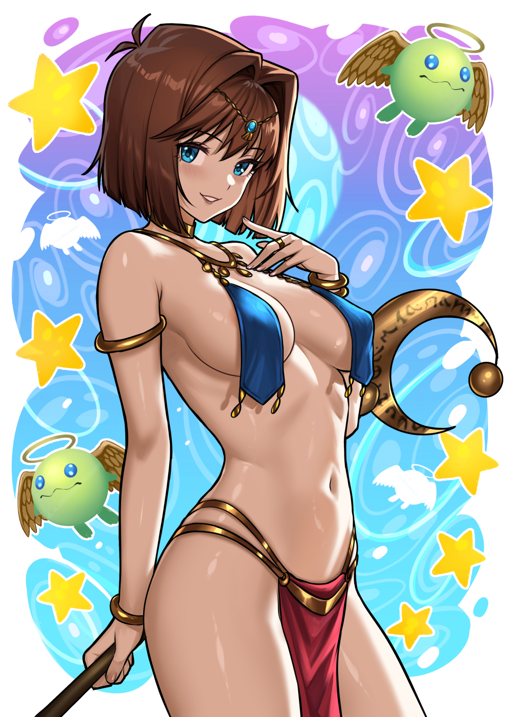 1girls, accessory, anzu mazaki, belly dancer, blue eyes, blush, brown hair, collar, cosplay, curvy, dancer, dancer outfit, female, female only, fringe, gold jewelry, hi res, hips, jewelry, light skin, lipstick, loincloth, looking at viewer, magician of faith, pose, redjet, semi nude, side view, smile, staff, standing, tea gardner, teenage girl, teenager, teeth, veil, yu-gi-oh!, yu-gi-oh! duel monsters