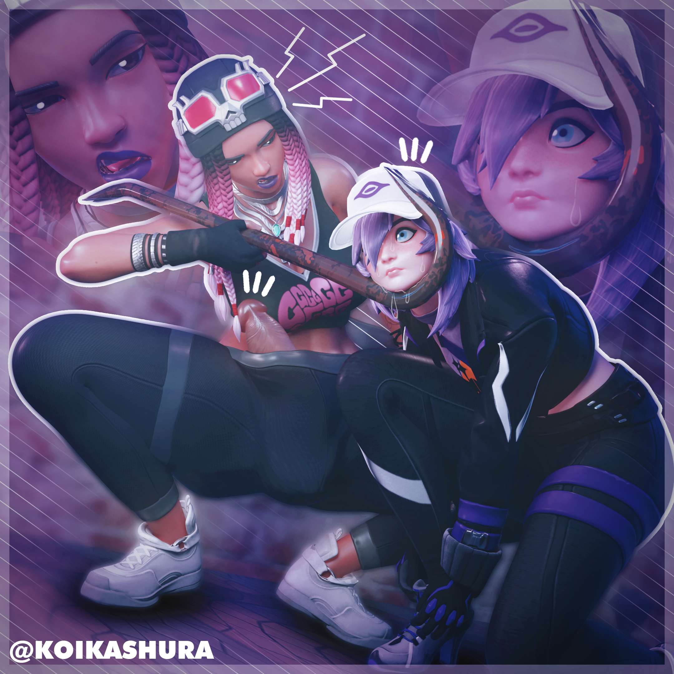 1futa, 2futas, 3d, blender, blue eyes, braided hair, bulge through clothing, chain necklace, clothed, clothing, crowbar, curves, curvy, curvy body, curvy figure, curvy hips, curvy thighs, dark skin, dark skinned futanari, epic games, fortnite, fortnite: battle royale, futanari, hat, hung futa, keisha cross (fortnite), koikashura, light skin, peri (fortnite), pink hair, self upload, squatting, tagme