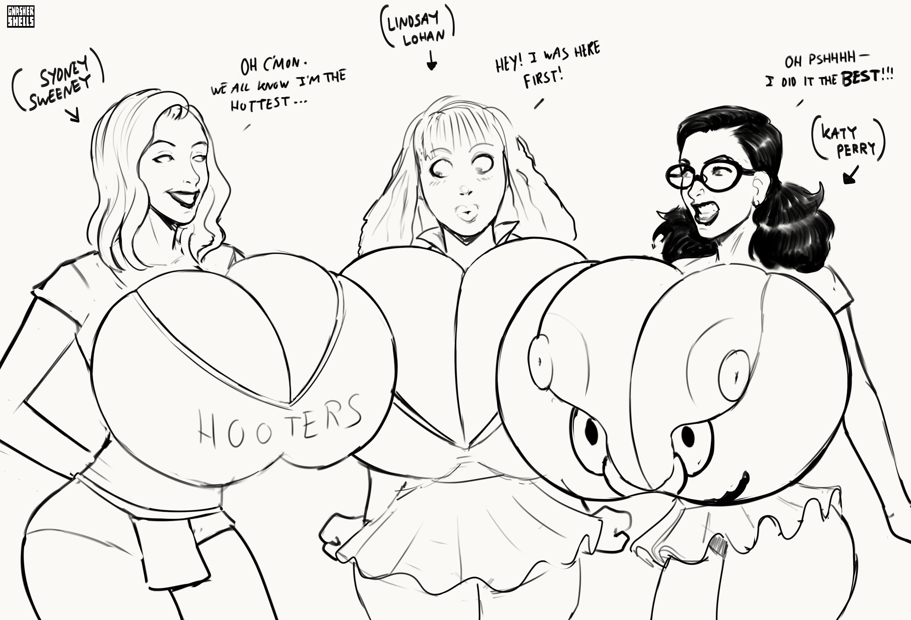 2d, 3girls, actress, angry, angry expression, areola slip, barely contained, barely contained breasts, big breasts, bimbo, breast contest, breast envy, breast focus, breasts, bursting out of clothing, busty, busty female, celebrity, cleavage, clenched hands, clothed, clothing, dialogue, elmo, english text, enormous breasts, expansion, female, female only, glasses, gnashershells, happy, harry potter, hermione granger, hips, hooters uniform, hourglass figure, huge breasts, human, human female, hyper, hyper breasts, katy perry, large breasts, lindsay lohan, long hair, multiple females, multiple girls, musician, nipple slip, nipples, parted lips, real person, revealing clothes, round breasts, saturday night live, skirt, slim waist, smile, standing, sydney sweeney, taut clothes, taut shirt, text, tied hair, tight clothing, top heavy, waist, wide hips