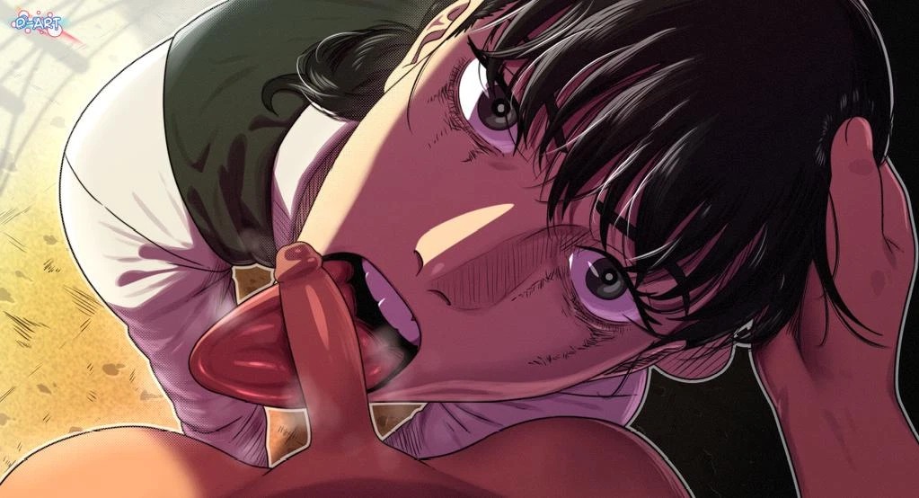 1boy, average sized penis, black eyes, black hair, chainsaw man, d-art, fellatio, female, hand on another's head, long tongue, looking at viewer, male, mitaka asa, mouth fetish, oral, penis, small penis, small penis adoration, teeth, tongue