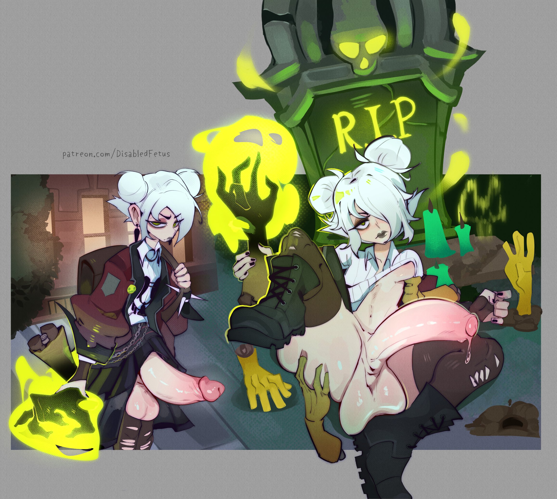 deadlock, disabledfetus, futa only, futanari, graves (deadlock), gravestone, green eyes, huge cock, lipstick, no nostrils, partially clothed, penis, small nose, tagme, white hair