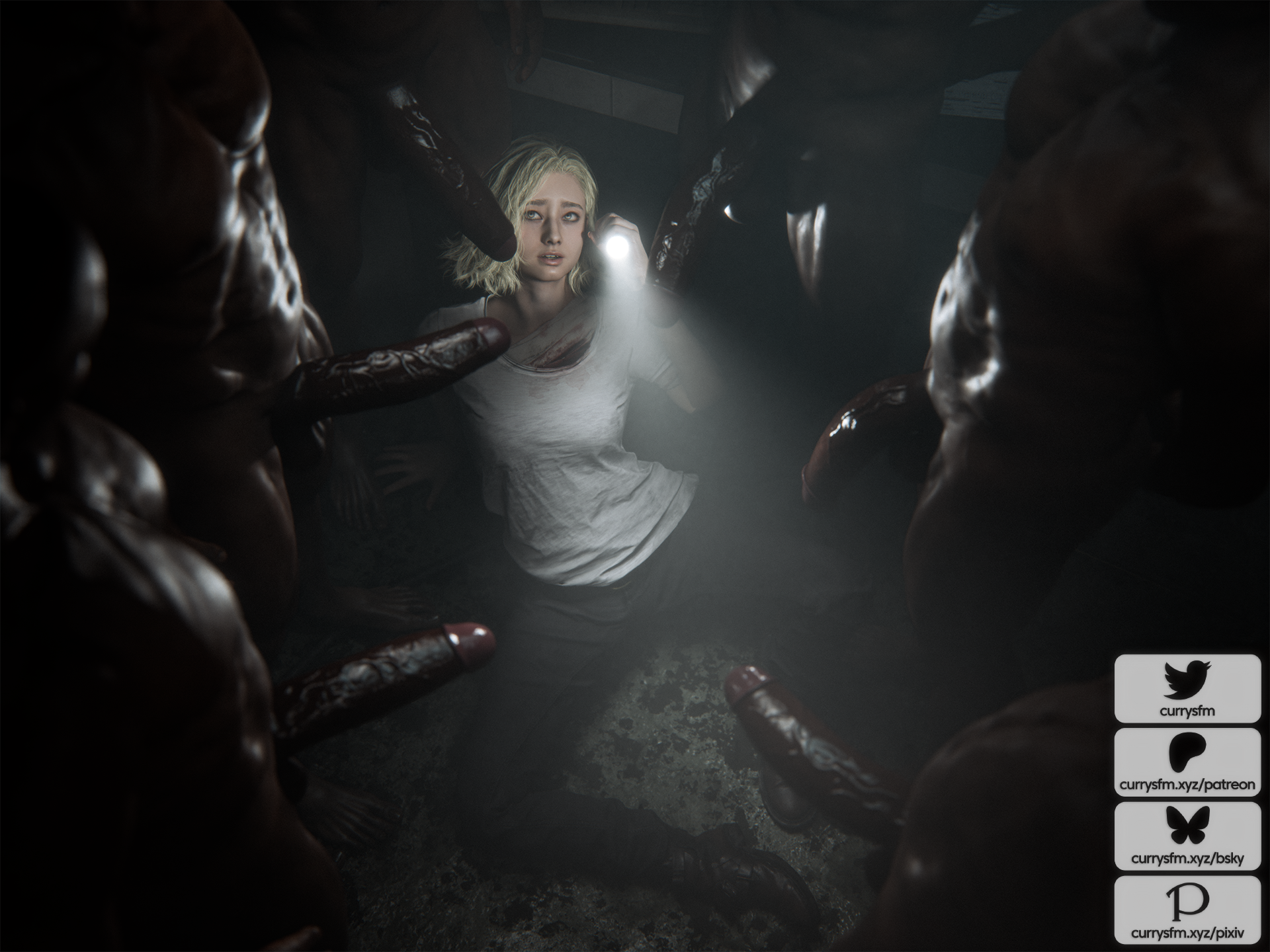 1girls, 3d, 6boys, completely naked, completely nude, completely nude male, currysfm, dark-skinned male, defeated, defeated heroine, female, game over, grace ashcroft, grace ashcroft (julia pratt), imminent gangbang, imminent group sex, imminent sex, interracial, naked, naked male, nude, nude male, resident evil, resident evil 9: requiem, surrounded by penises, veiny penis