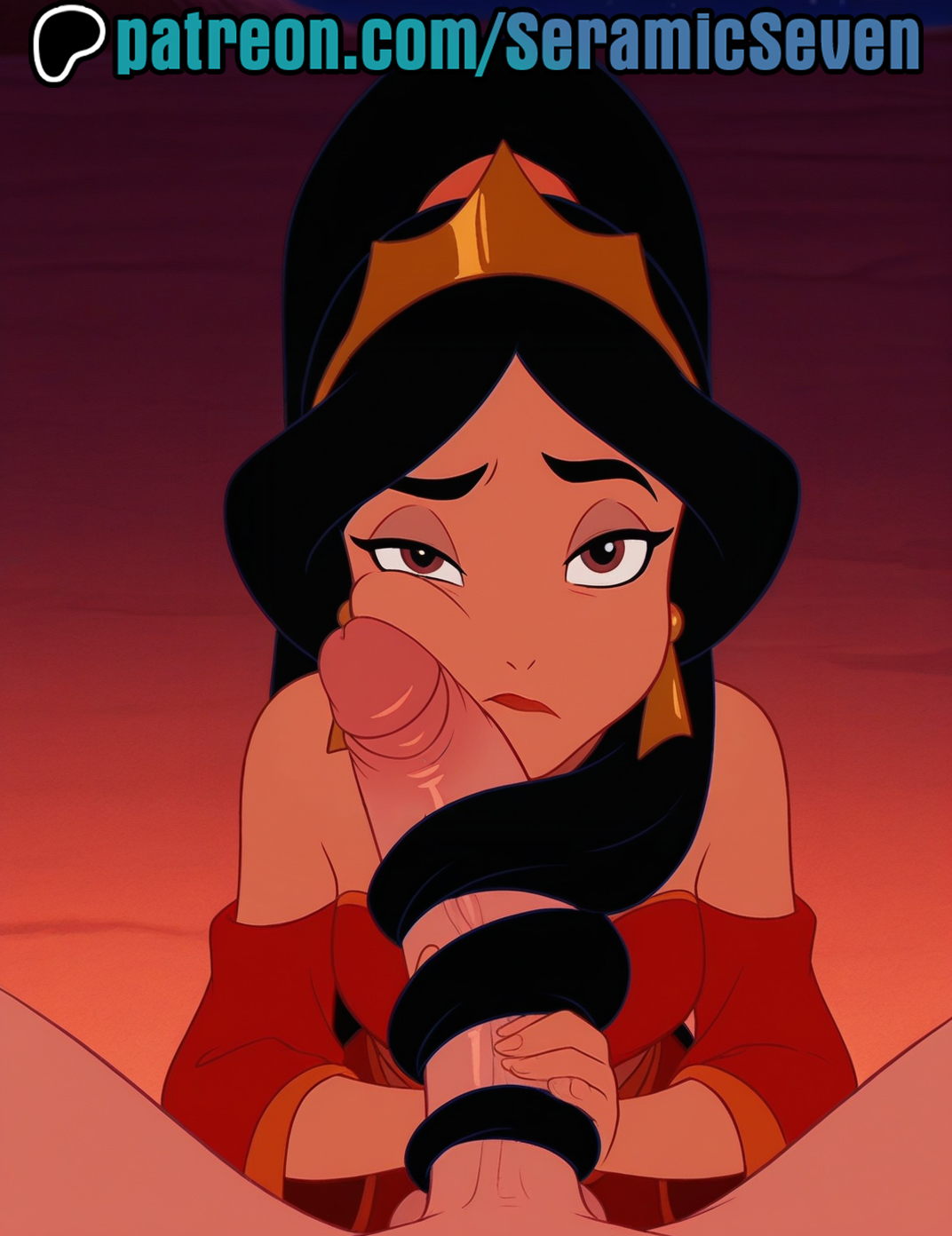 1boy, 1boy1girl, 1female, 1girls, 2025, 2d, ai, ai generated, aladdin, aladdin (1992 disney film), anime, anime style, annoyed, big penis, brown eyes, crown, dark hair, dark skin, dark-skinned female, earrings, evil queen jasmine, female, hair, hair around penis, hairjob, half-closed eyes, harem outfit, imminent oral, interracial, jasmine (aladdin), jewelry, light skin, light-skinned male, male, male pov, male/female, penis, penis on cheek, penis on face, penis out, pov, pov male, princess jasmine, red dress, seramic seven, tiara