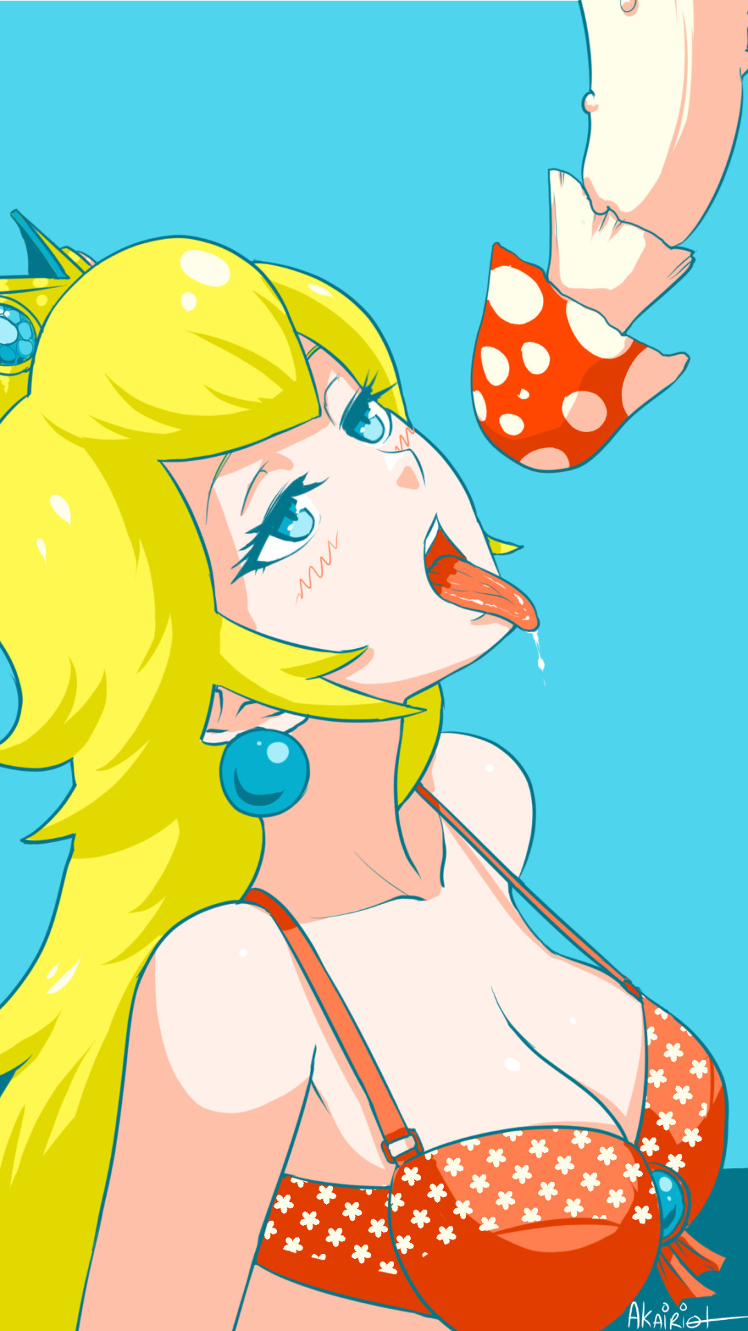 akairiot, blonde hair, blue eyes, blush, bra, cleavage, crown, earrings, female, long hair, male, mario (series), mushroom, nintendo, open mouth, penis, penis mushroom, princess peach, saliva, sexually suggestive, super mario bros., tongue, tongue out