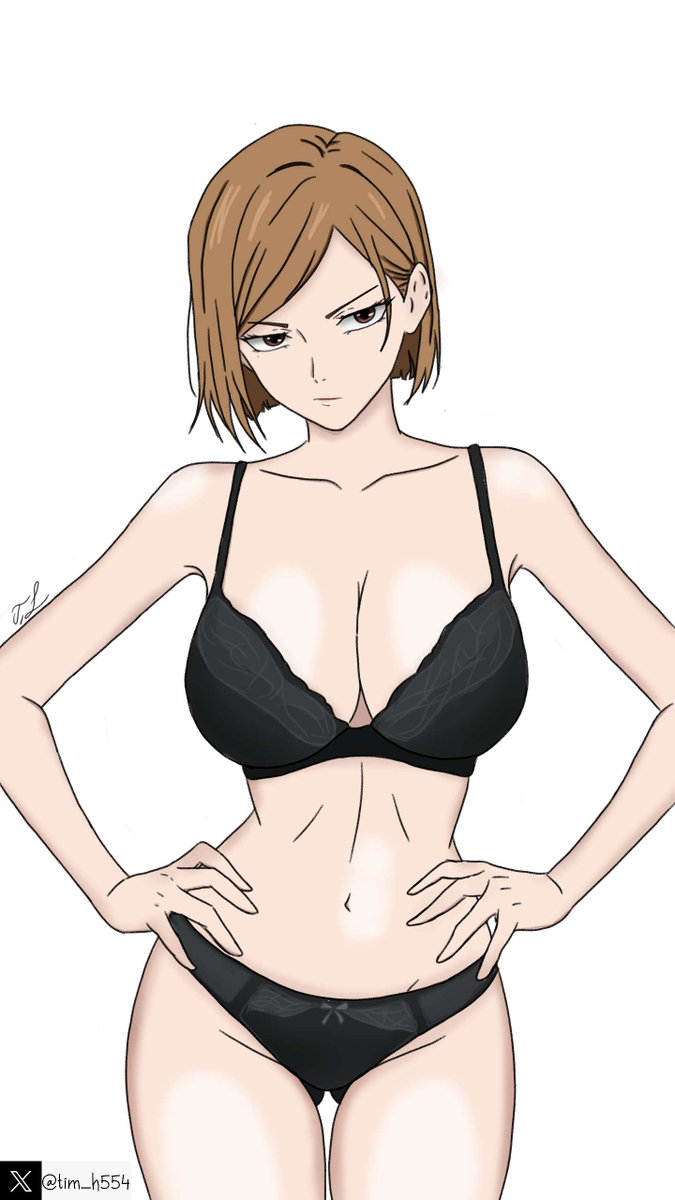 1girls, angry, black bra, black panties, black underwear, bra, brown eyes, brown hair, brown-haired female, hands on hips, jujutsu kaisen, kugisaki nobara, lean figure, nobara kugisaki, pale skin, panties, signature, tagme, tim heyderich, twitter username, underwear
